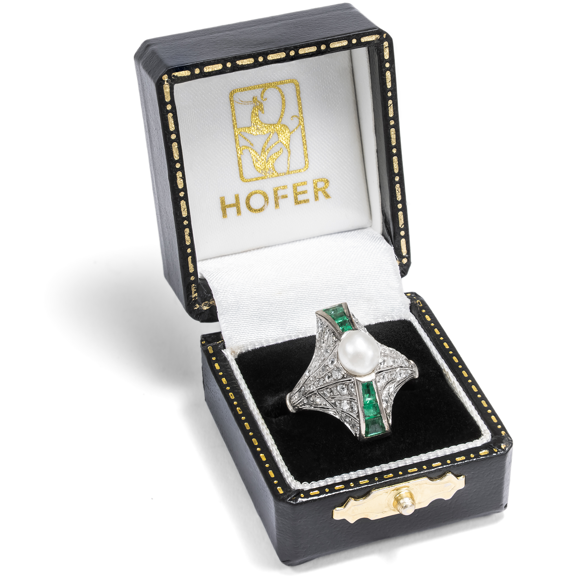 Ungewöhnlicher Ring mit Naturperle, Smaragden & Diamanten, um 1925 Ungewöhnlicher Ring mit Naturperle, Smaragden & Diamanten, um 1925