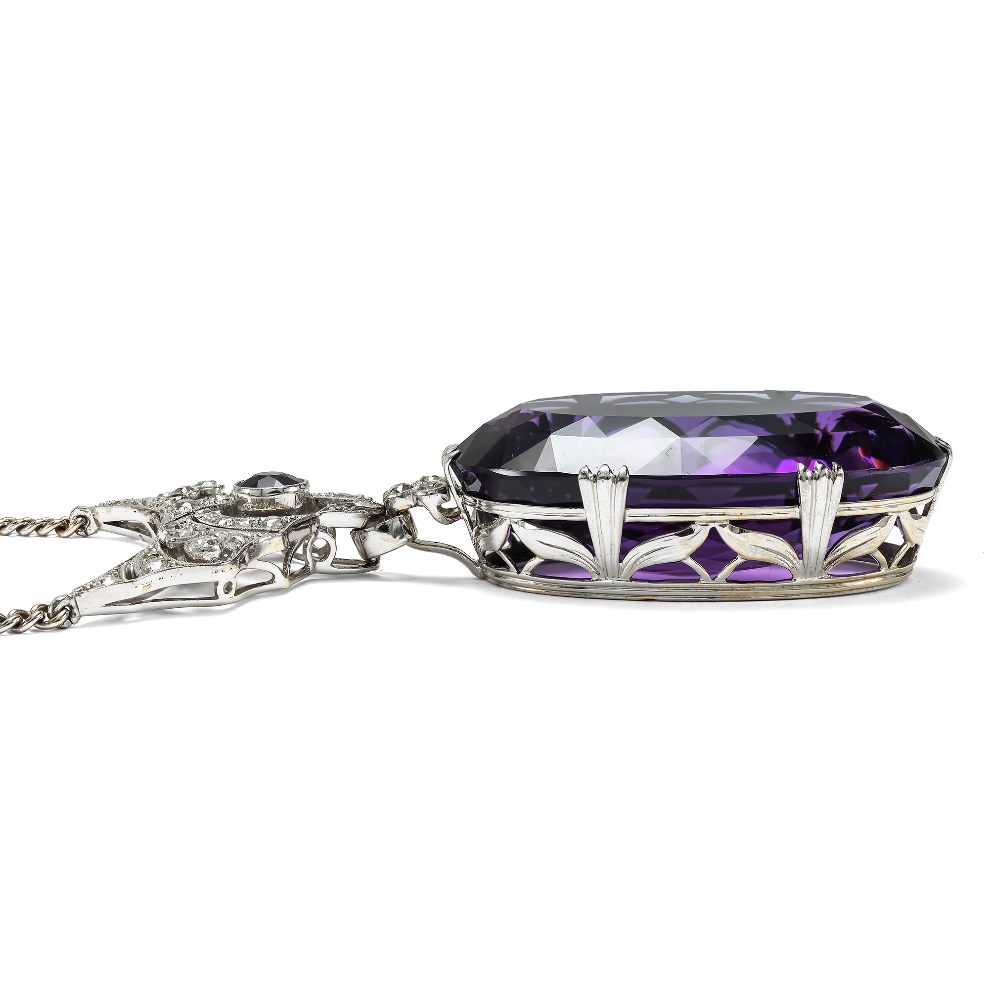 Stunning Necklace with Amethyst and Diamonds, Featuring Antique Elements, Circa 1930 and Later Stunning Necklace with Amethyst and Diamonds, Featuring Antique Elements, Circa 1930 and Later