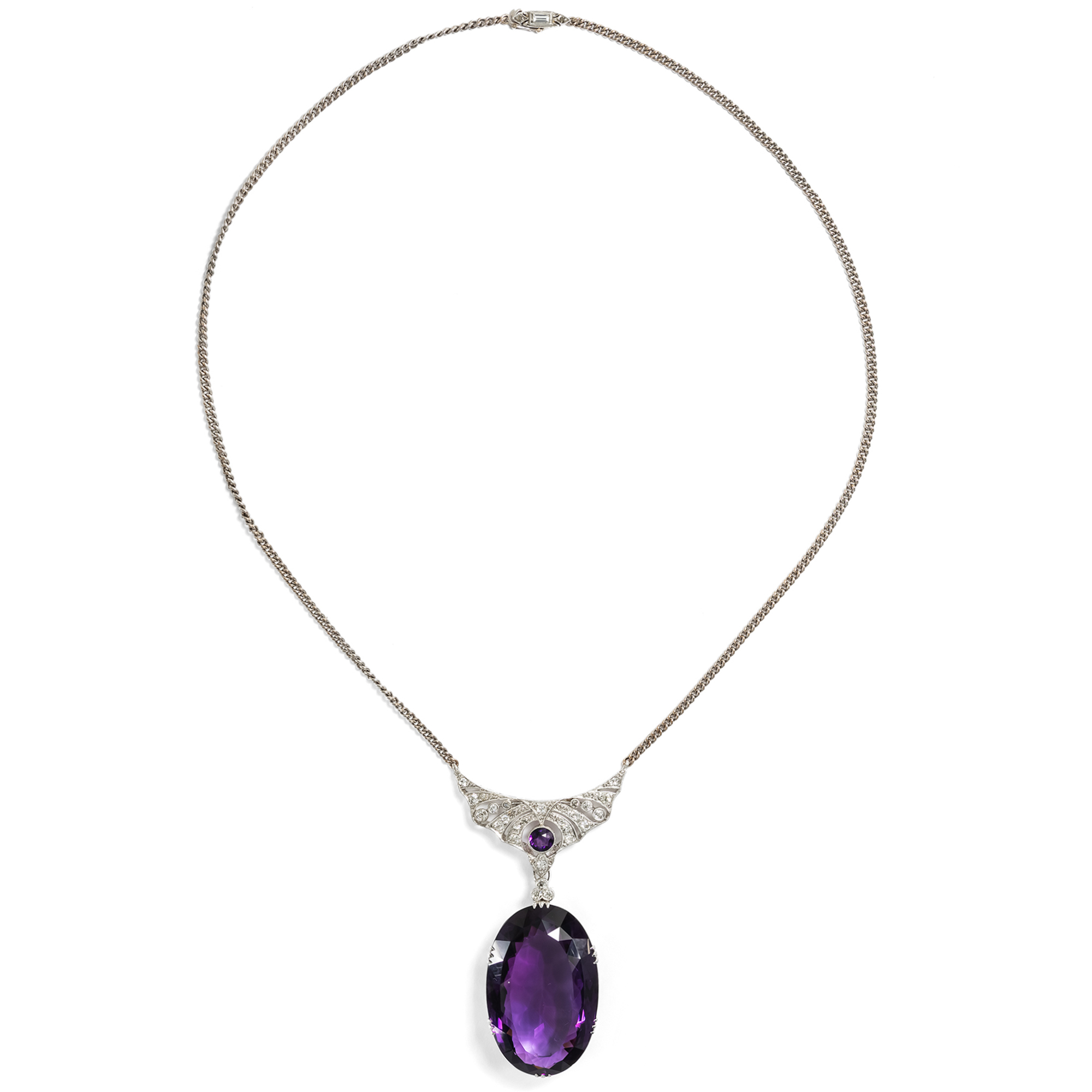 Stunning Necklace with Amethyst and Diamonds, Featuring Antique Elements, Circa 1930 and Later Stunning Necklace with Amethyst and Diamonds, Featuring Antique Elements, Circa 1930 and Later