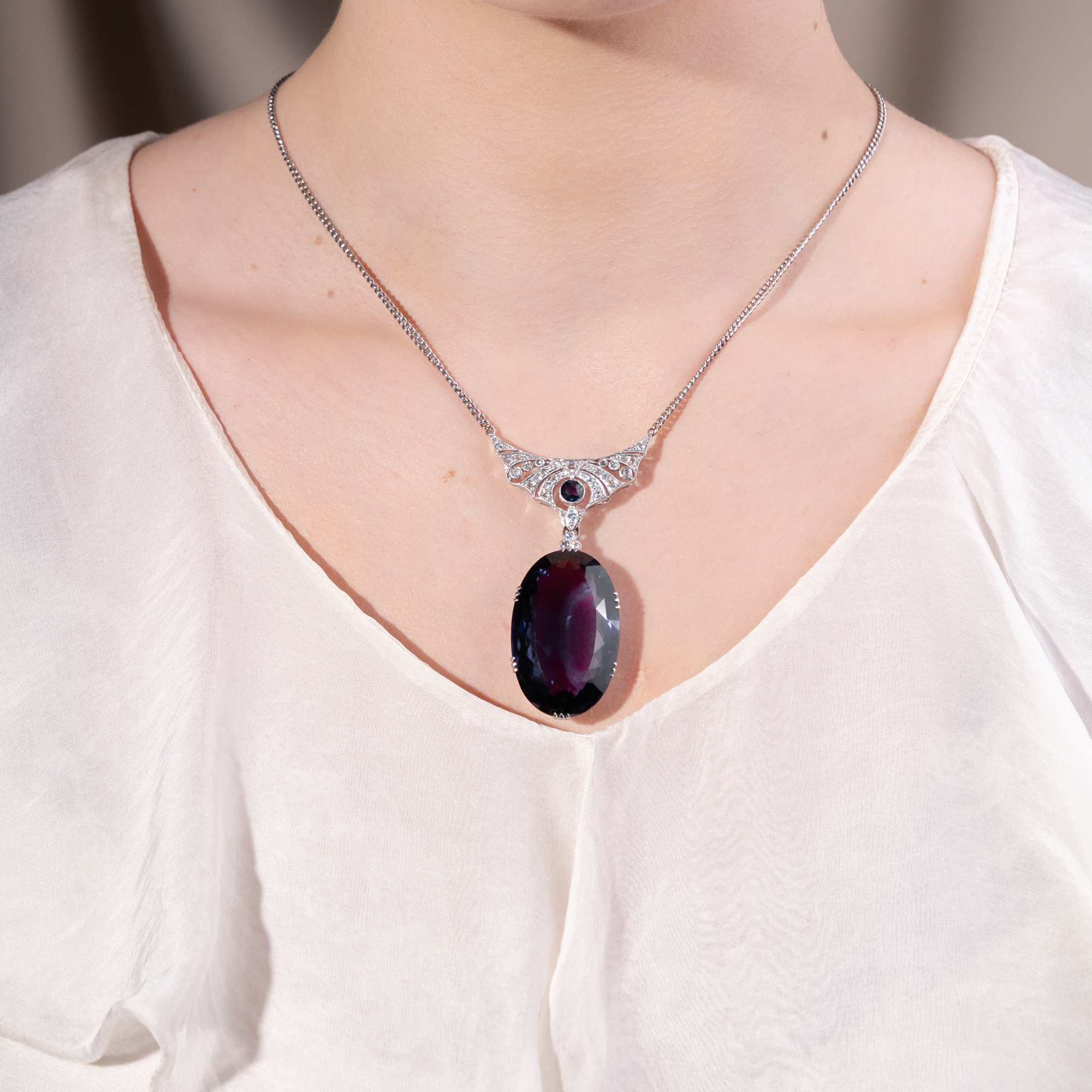 Stunning Necklace with Amethyst and Diamonds, Featuring Antique Elements, Circa 1930 and Later Stunning Necklace with Amethyst and Diamonds, Featuring Antique Elements, Circa 1930 and Later
