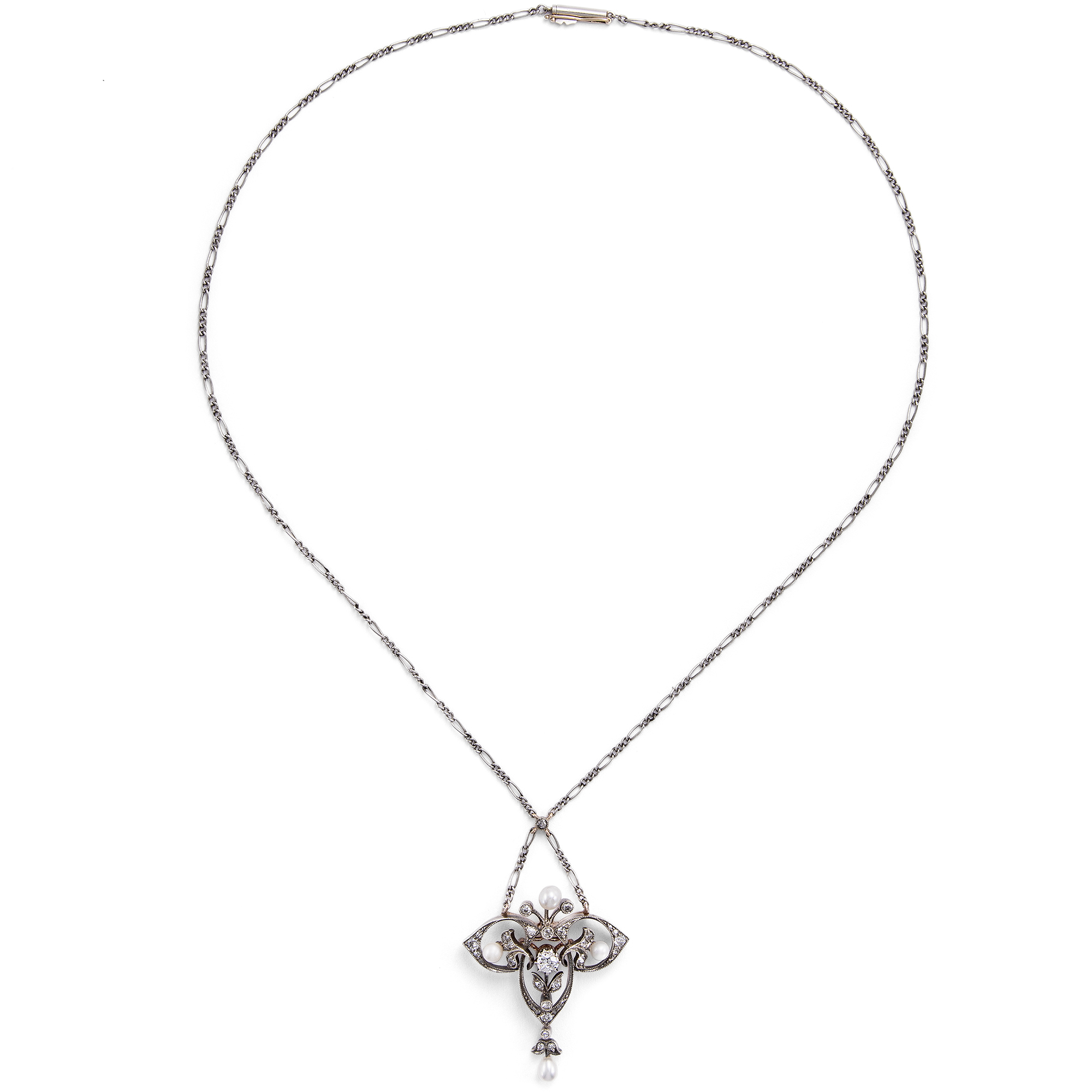 Antikes Collier mit Diamanten & Naturperlen in Silber auf Gold, um 1905 Antikes Collier mit Diamanten & Naturperlen in Silber auf Gold, um 1905