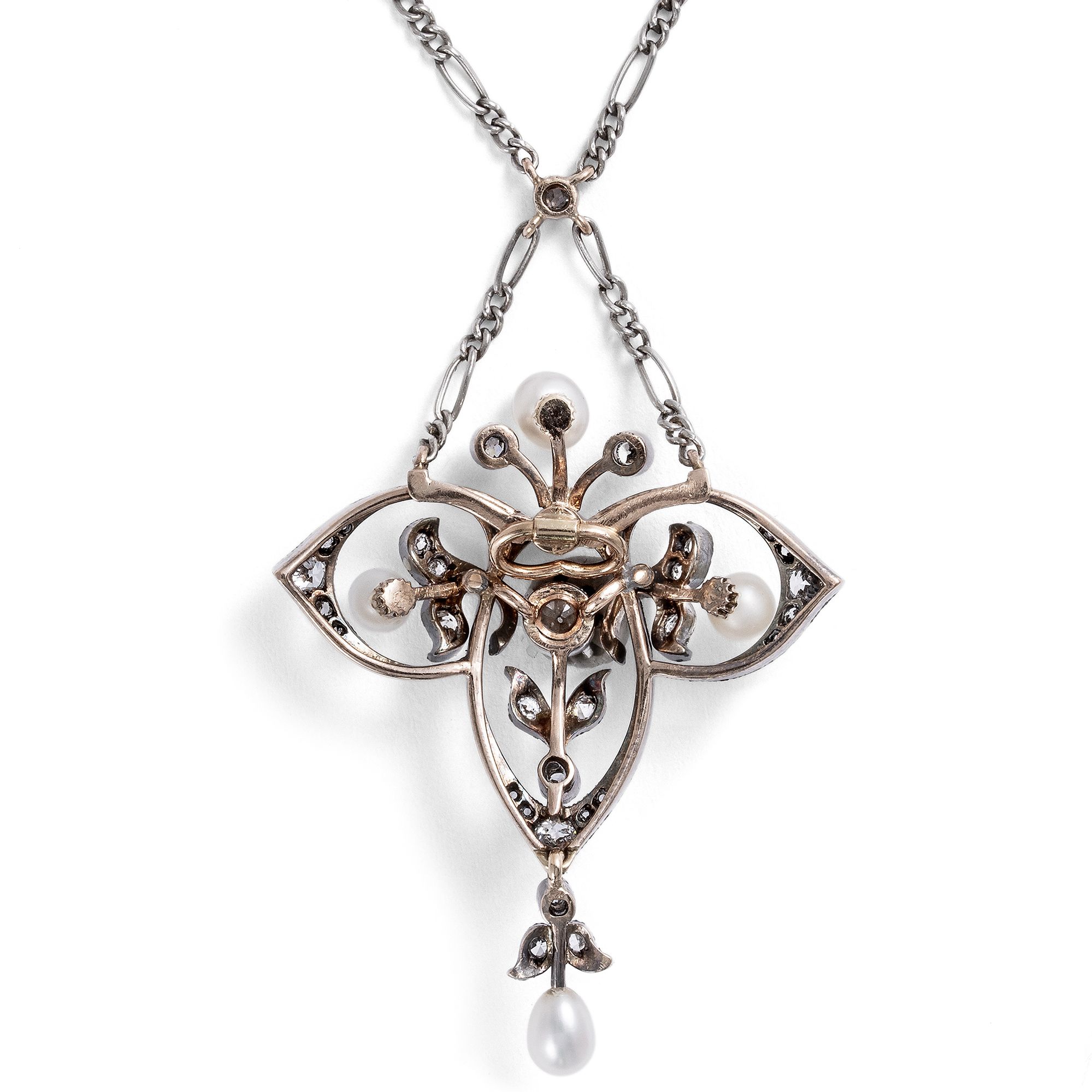 Antikes Collier mit Diamanten & Naturperlen in Silber auf Gold, um 1905 Antikes Collier mit Diamanten & Naturperlen in Silber auf Gold, um 1905