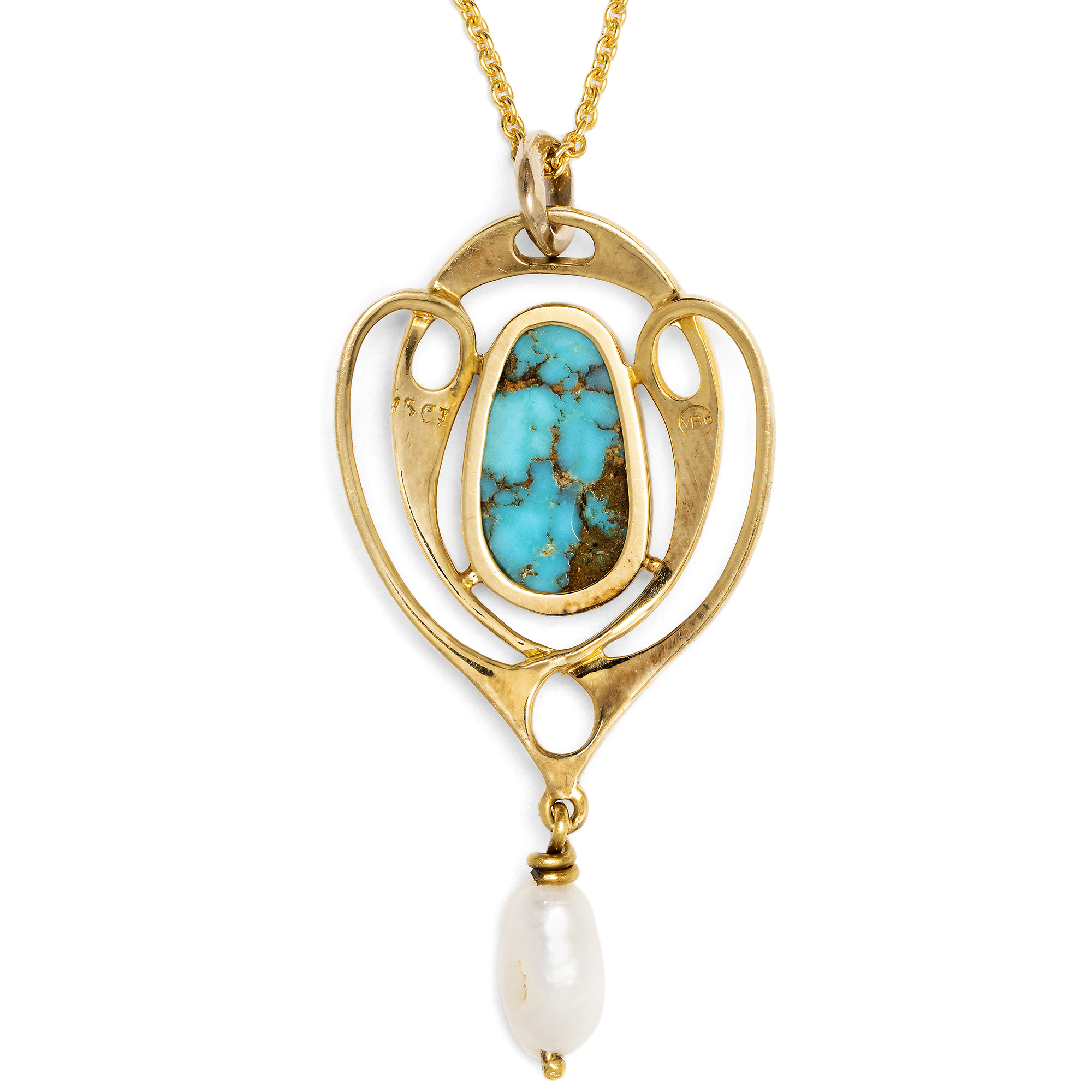 Eleganter Anhänger von Murrle, Bennett & Co. aus Gold, Türkis & Perle, London um 1905 Eleganter Anhänger von Murrle, Bennett & Co. aus Gold, Türkis & Perle, London um 1905
