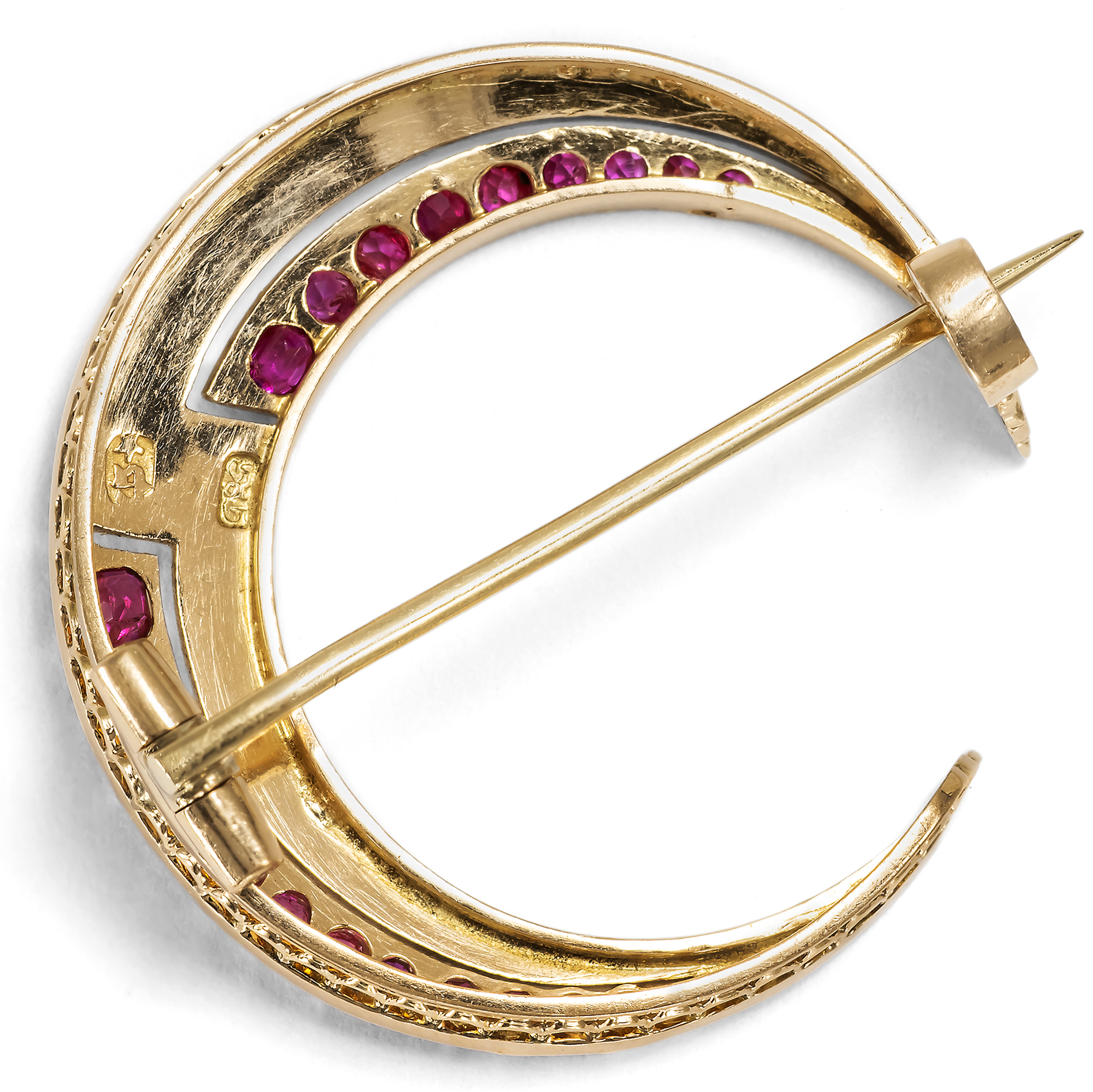 Sichelmond mit Naturperlen & Rubinen aus Burma in rötlichem Gold, um 1900 Sichelmond mit Naturperlen & Rubinen aus Burma in rötlichem Gold, um 1900