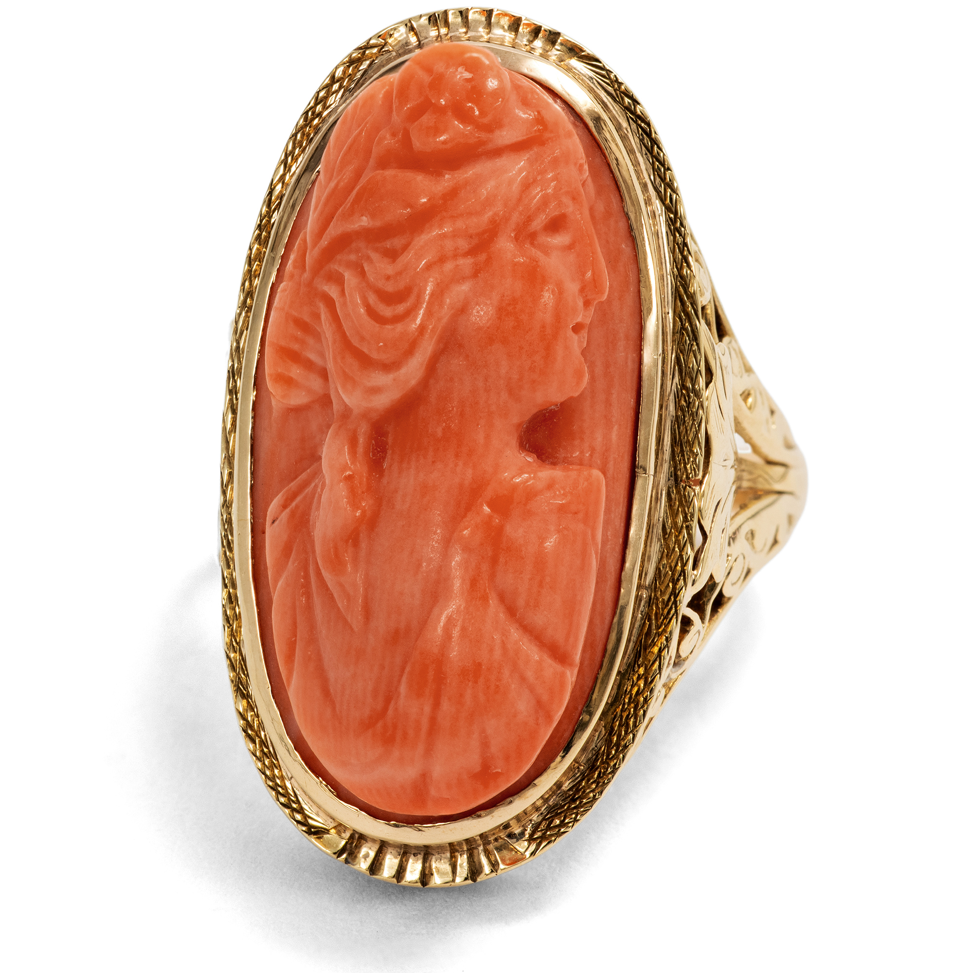 Antiker Ring mit Gemme aus Koralle der Göttin Flora in Gold, um 1910 Antiker Ring mit Gemme aus Koralle der Göttin Flora in Gold, um 1910