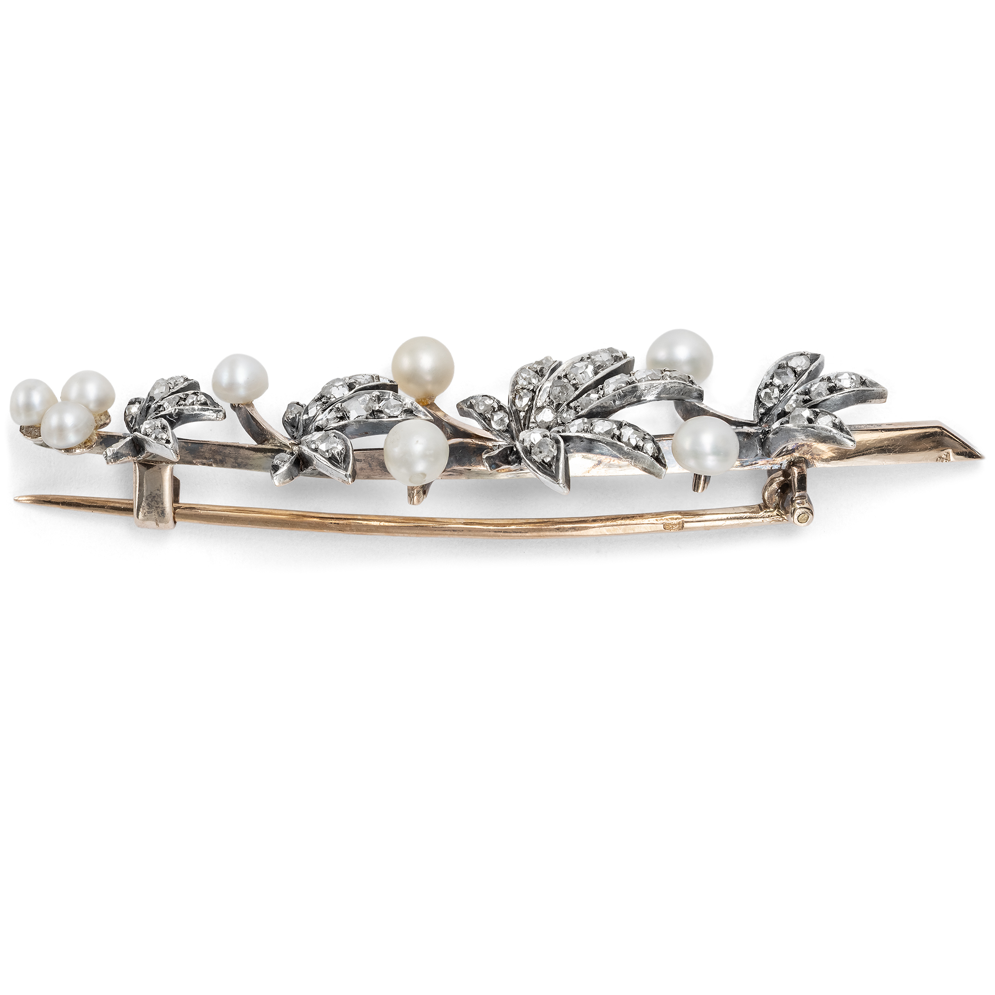 Florale Brosche mit Naturperlen & Diamanten in Gold & Silber, Paris um 1900 Florale Brosche mit Naturperlen & Diamanten in Gold & Silber, Paris um 1900