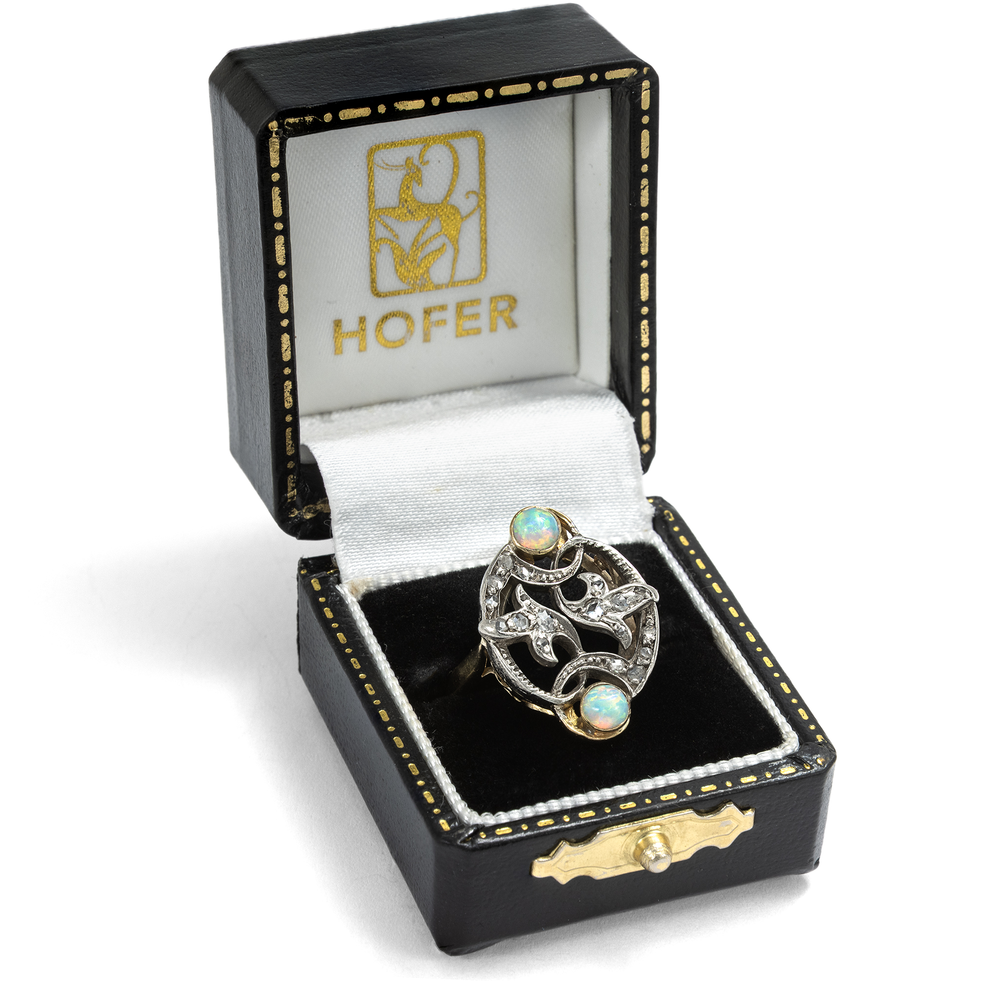 Ungewöhnlicher Ring mit Opalen und Diamantrosen in Silber auf Gold, um 1900 und später Ungewöhnlicher Ring mit Opalen und Diamantrosen in Silber auf Gold, um 1900 und später