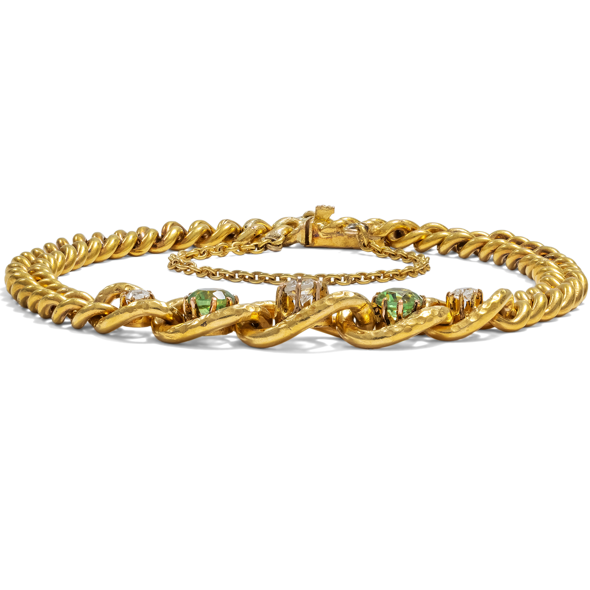 Antique Curb Link Bracelet with Demantoids & Diamonds in Gold, c. 1985 & later Antique Curb Link Bracelet with Demantoids & Diamonds in Gold, c. 1985 & later