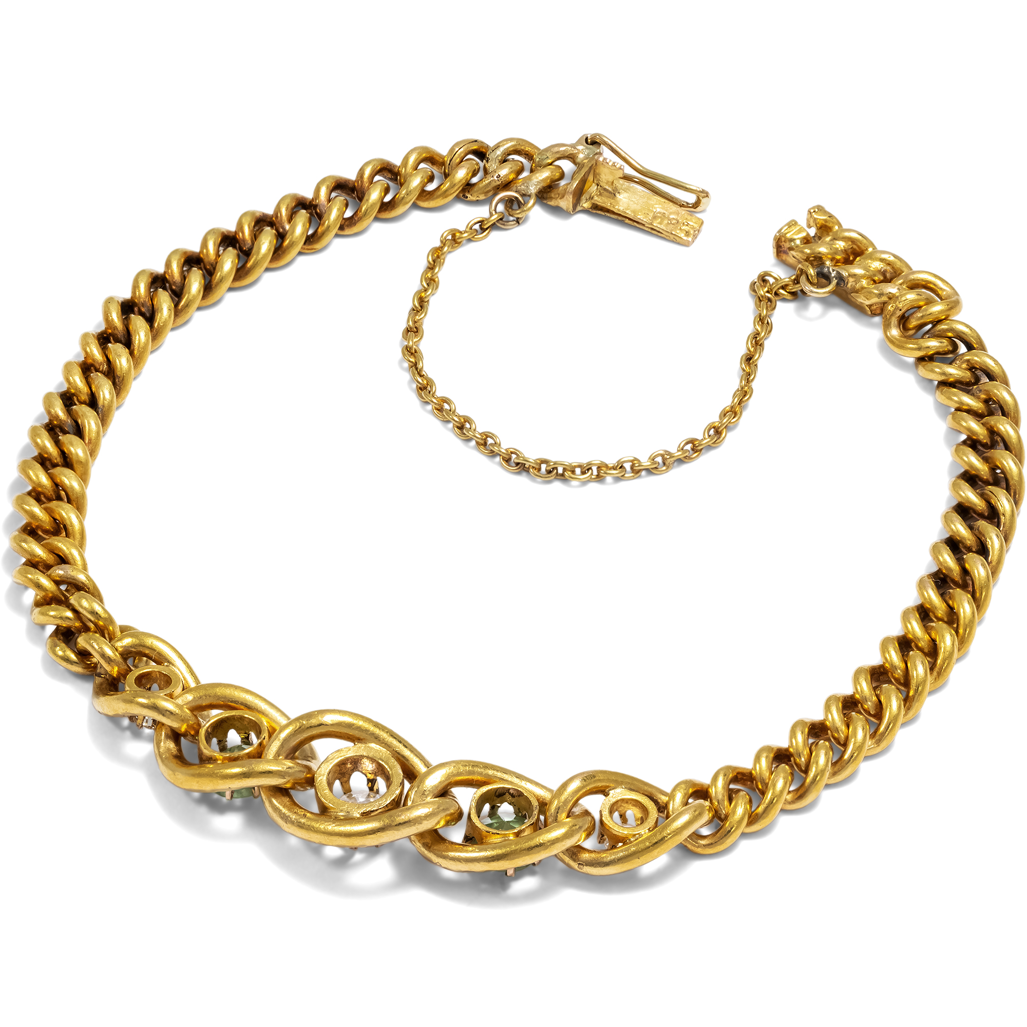 Antique Curb Link Bracelet with Demantoids & Diamonds in Gold, c. 1985 & later Antique Curb Link Bracelet with Demantoids & Diamonds in Gold, c. 1985 & later
