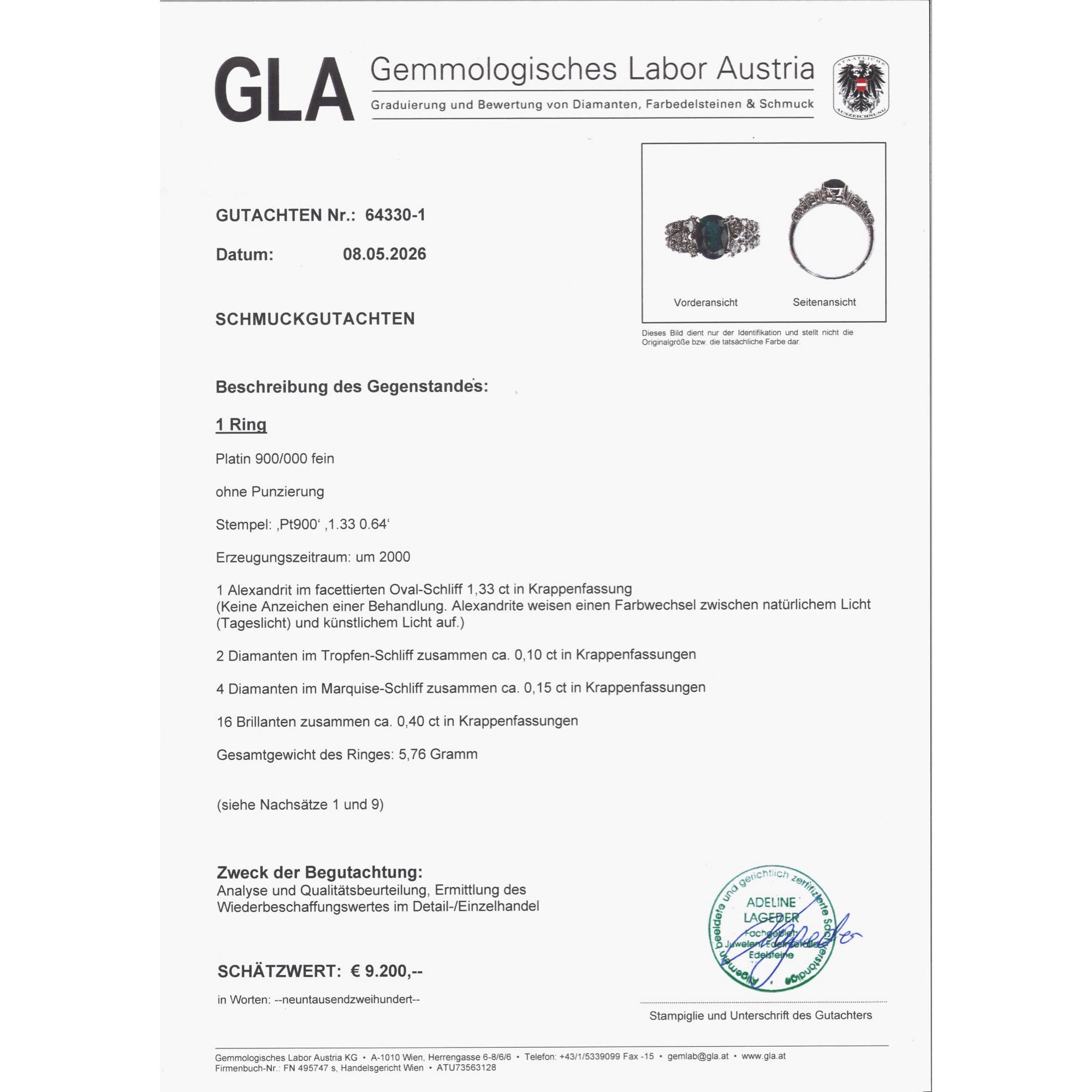 Moderner Ring mit einem farbwechselnden, natürlichen Alexandrit & Diamanten, um 2000 Moderner Ring mit einem farbwechselnden, natürlichen Alexandrit & Diamanten, um 2000