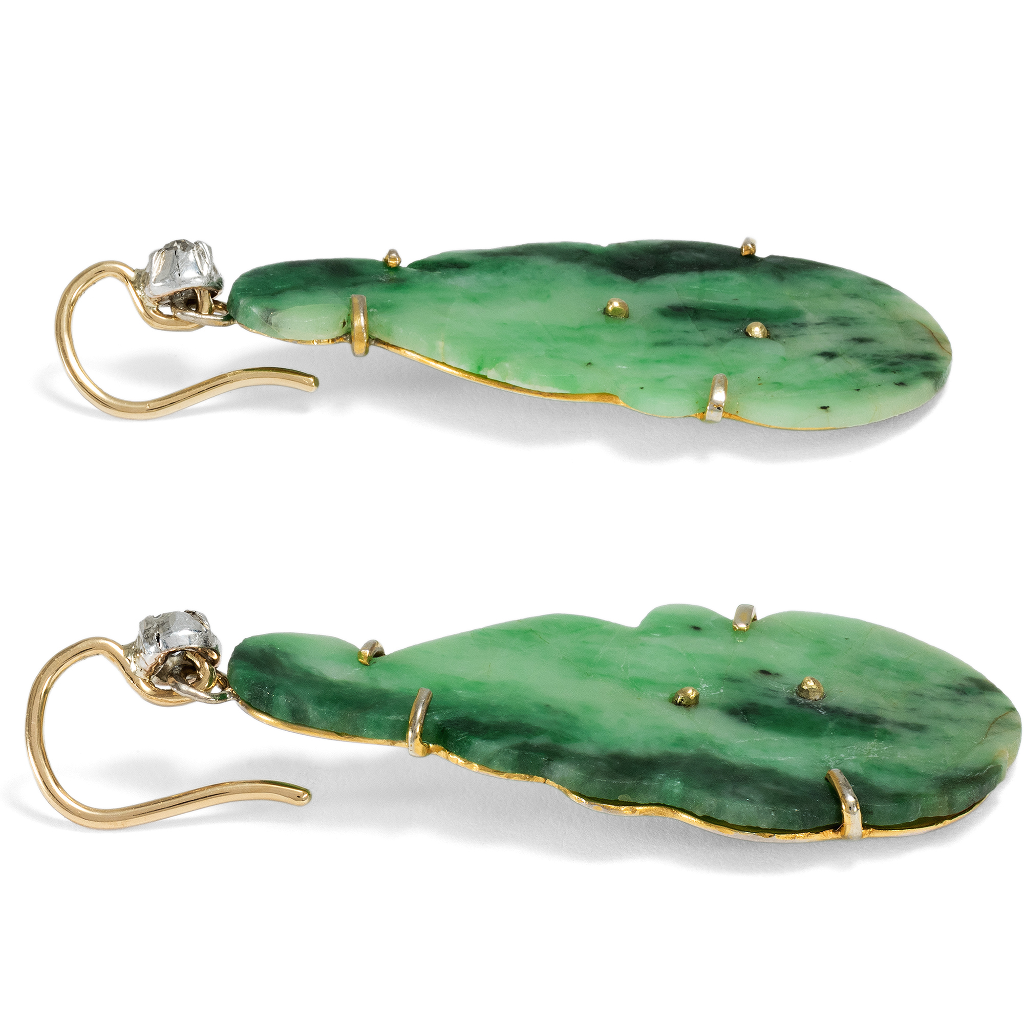 Unique Earrings From Our Workshop Featuring Chinese Jade Plaques and Antique Diamonds Unique Earrings From Our Workshop Featuring Chinese Jade Plaques and Antique Diamonds