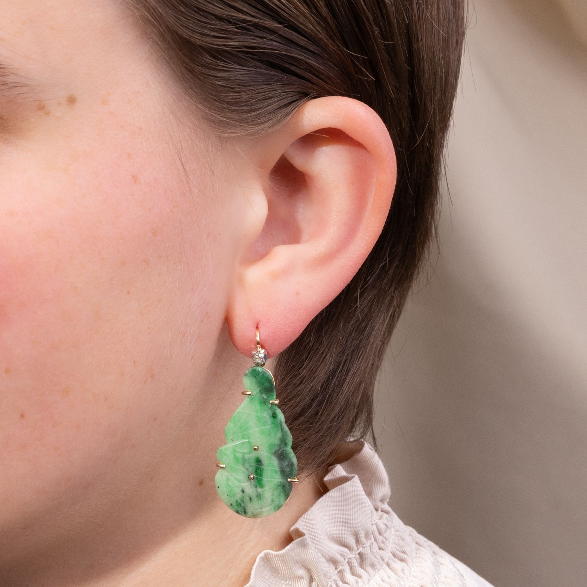 Unique Earrings From Our Workshop Featuring Chinese Jade Plaques and Antique Diamonds Unique Earrings From Our Workshop Featuring Chinese Jade Plaques and Antique Diamonds