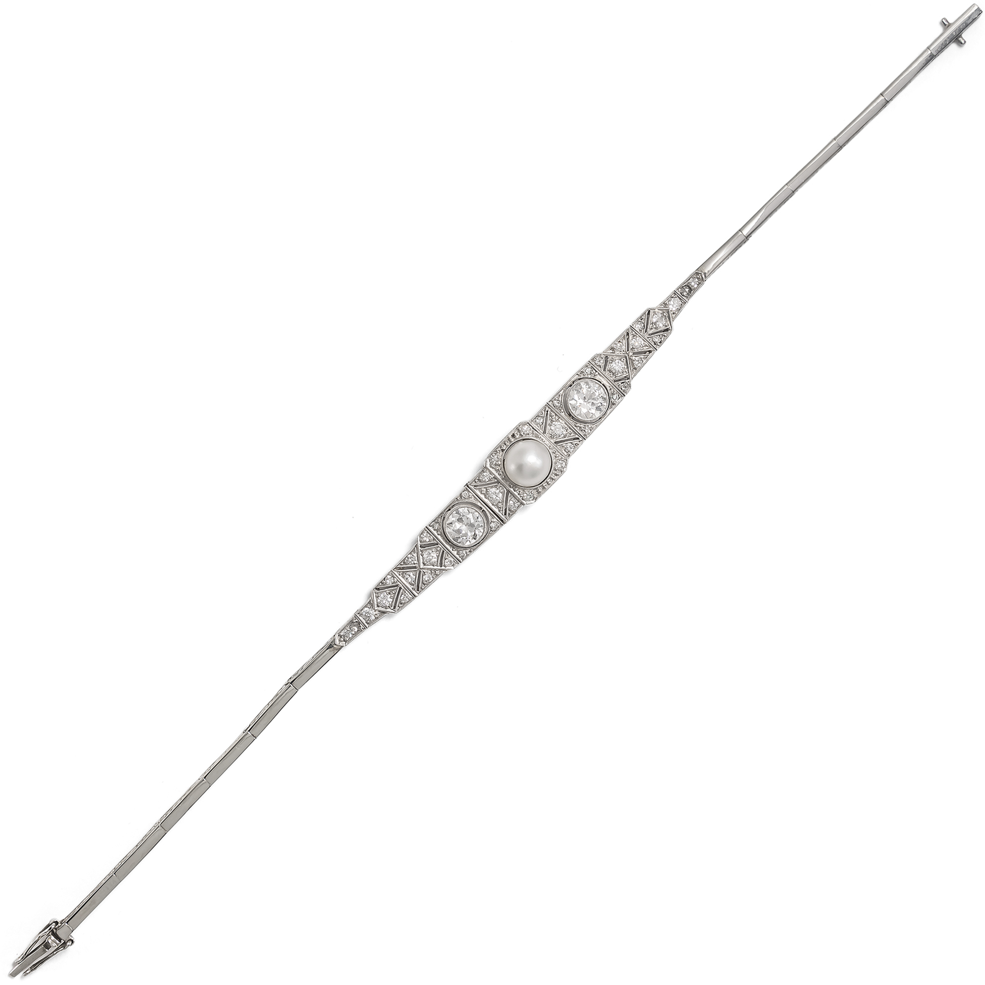 Ideales Art Déco Armband mit Orientperle & Diamanten in Platin, um 1930 Ideales Art Déco Armband mit Orientperle & Diamanten in Platin, um 1930