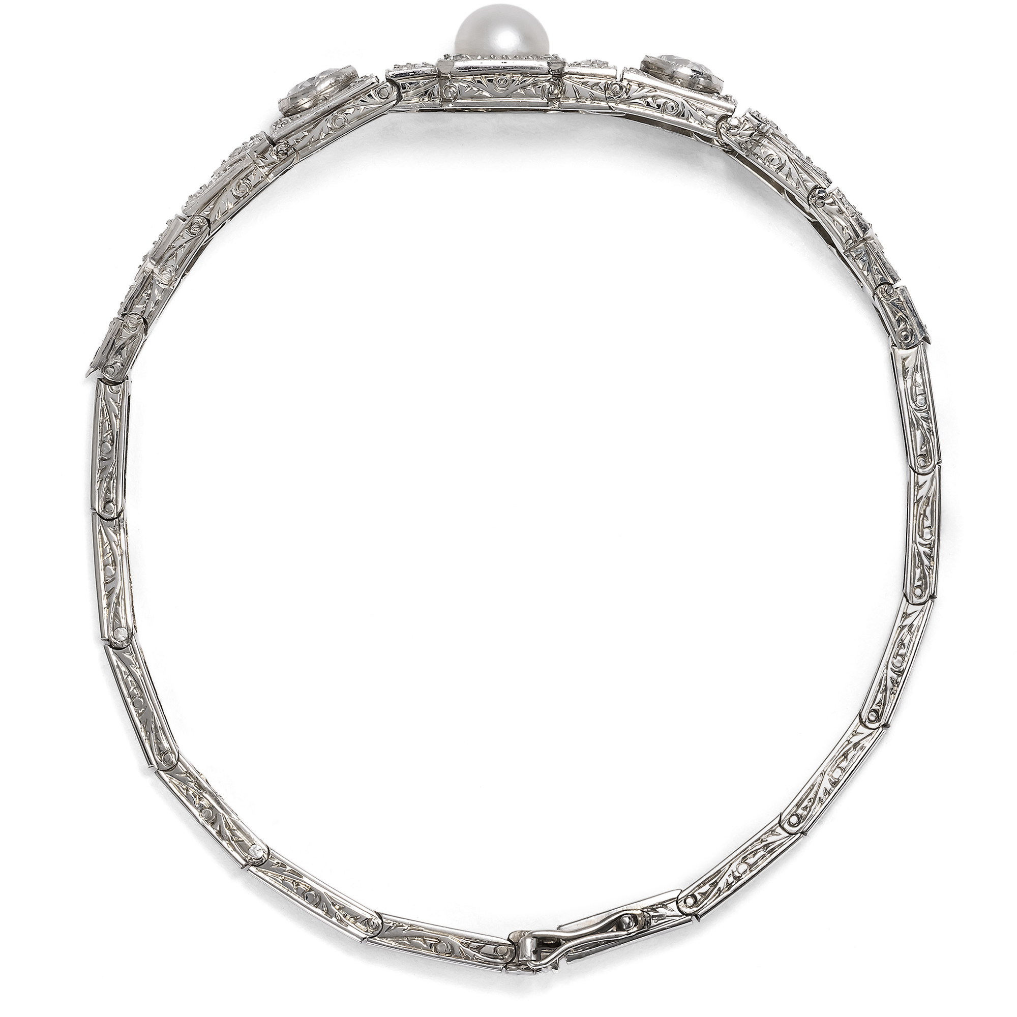 Ideales Art Déco Armband mit Orientperle & Diamanten in Platin, um 1930 Ideales Art Déco Armband mit Orientperle & Diamanten in Platin, um 1930