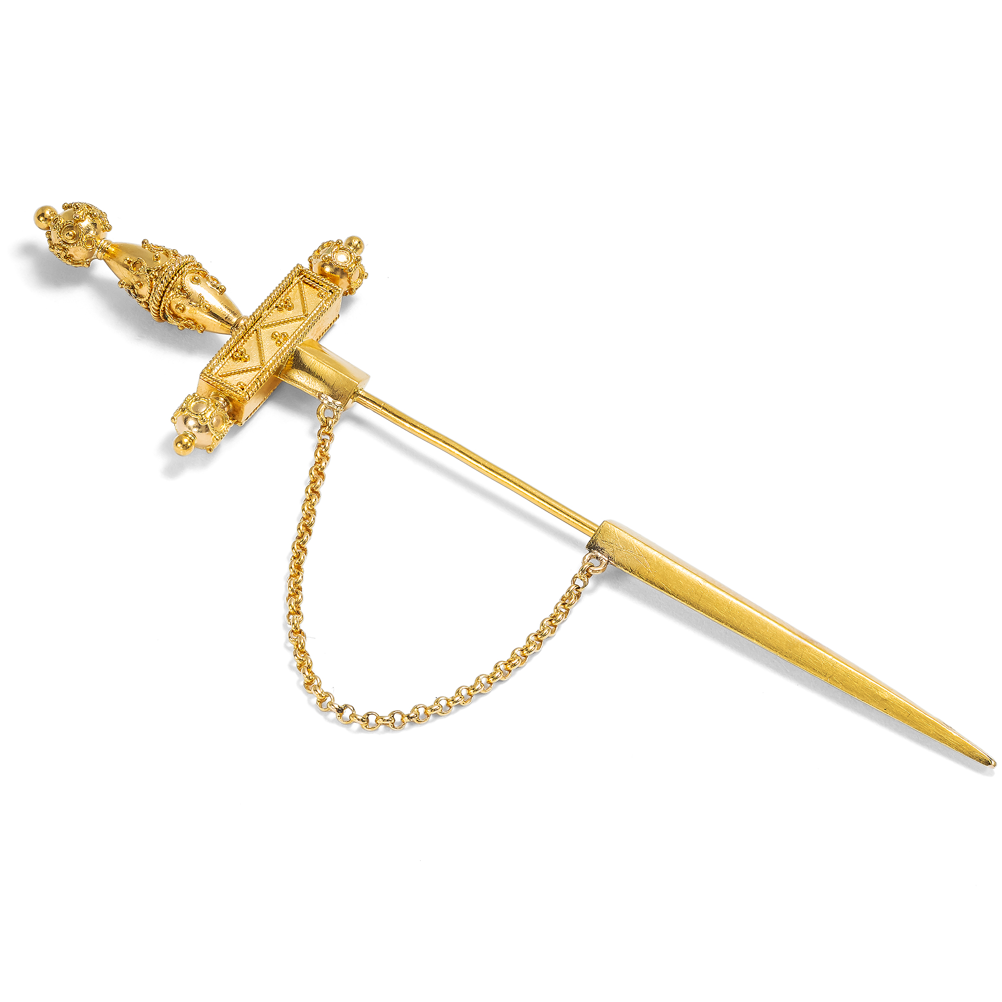 Antike Anstecknadel des Archäologischen Stils in Form eines Schwertes aus Gold, um 1885 Antike Anstecknadel des Archäologischen Stils in Form eines Schwertes aus Gold, um 1885