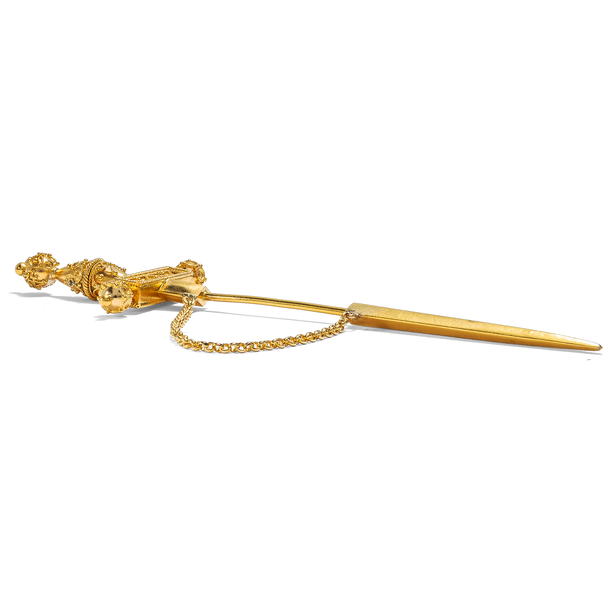 Antike Anstecknadel des Archäologischen Stils in Form eines Schwertes aus Gold, um 1885 Antike Anstecknadel des Archäologischen Stils in Form eines Schwertes aus Gold, um 1885