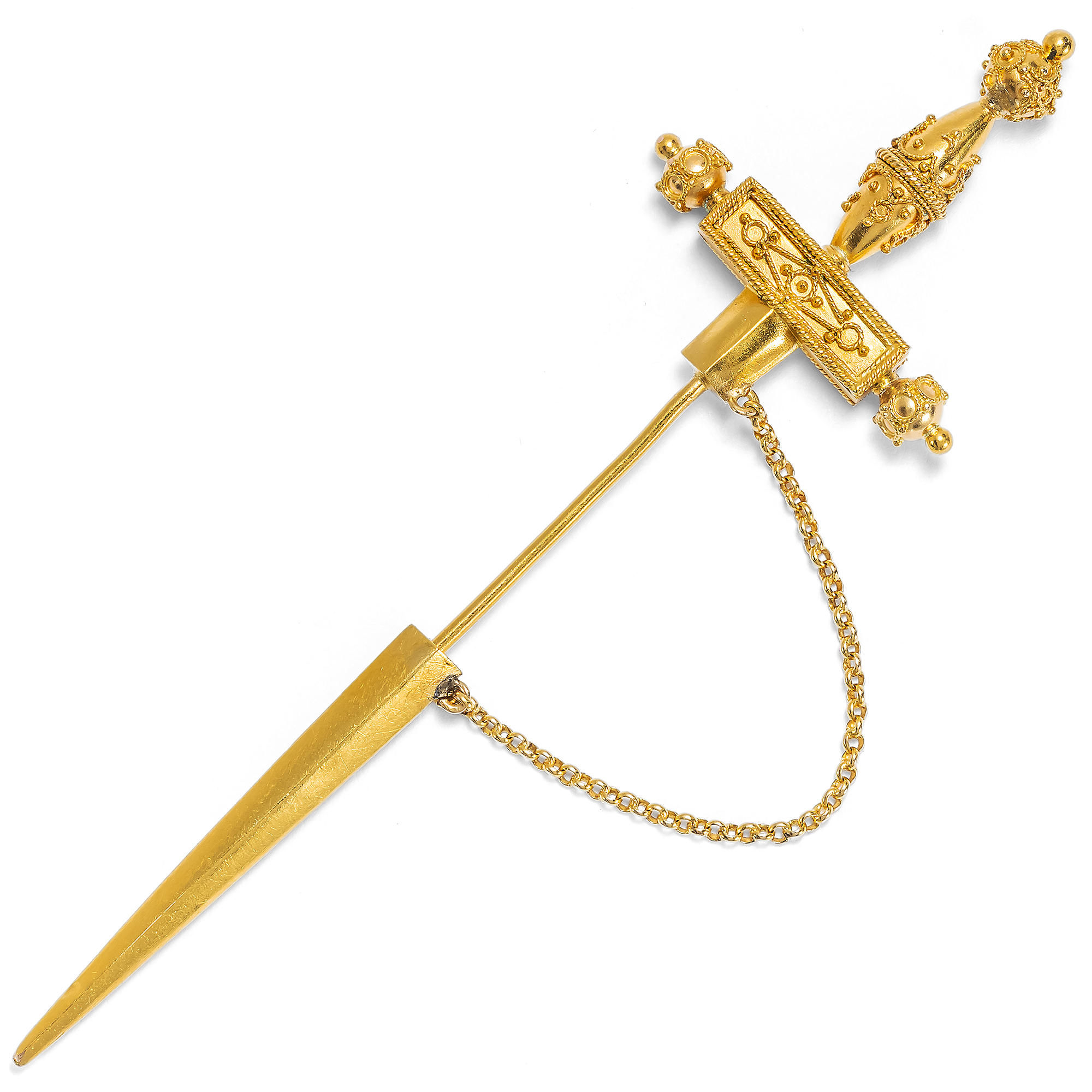 Antike Anstecknadel des Archäologischen Stils in Form eines Schwertes aus Gold, um 1885 Antike Anstecknadel des Archäologischen Stils in Form eines Schwertes aus Gold, um 1885