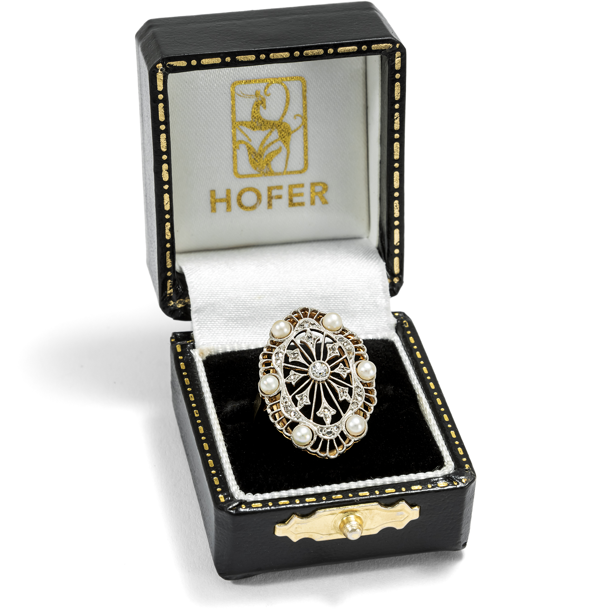 Eleganter Ring mit Naturperlen & Diamanten in Platin auf Gold, um 1910 & später Eleganter Ring mit Naturperlen & Diamanten in Platin auf Gold, um 1910 & später