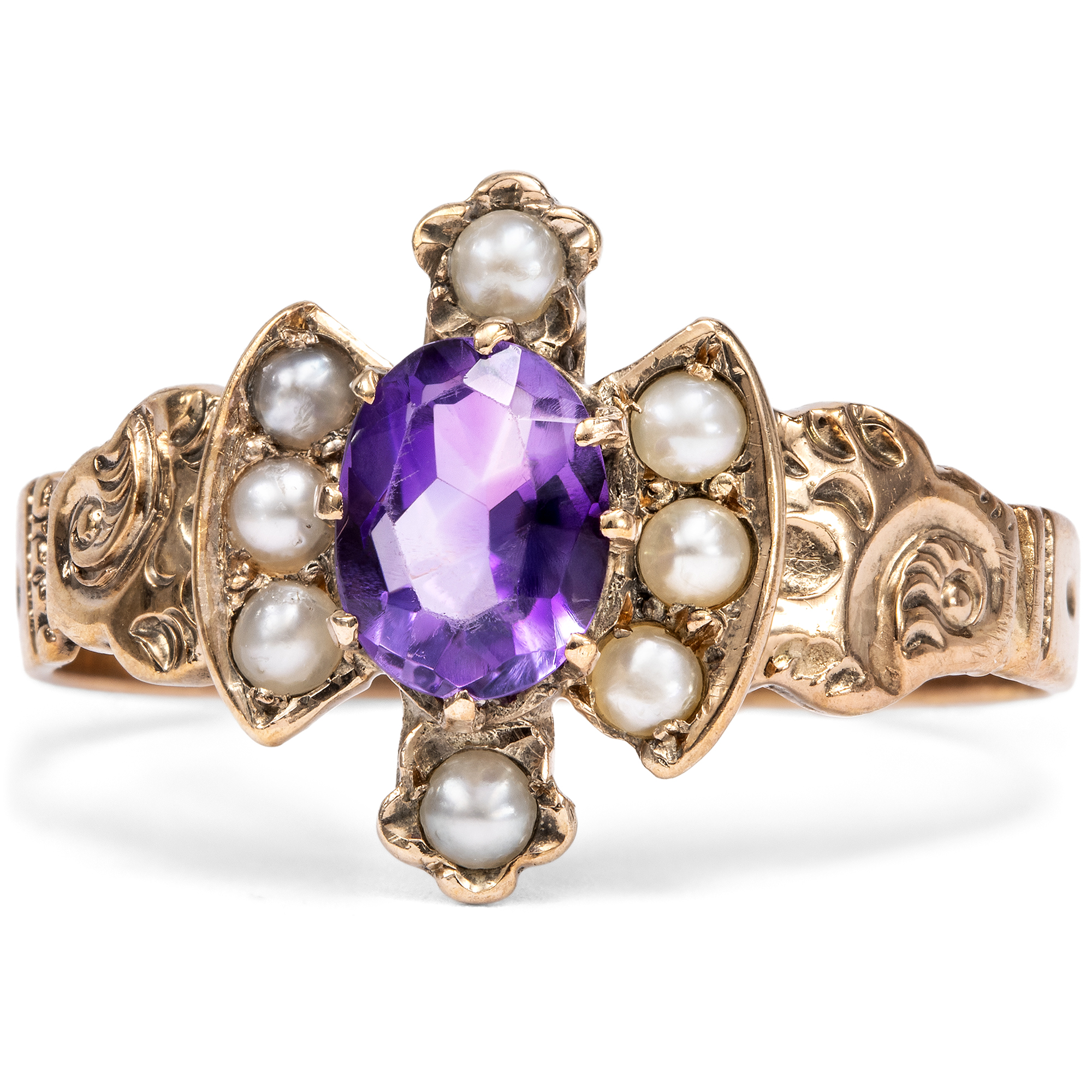 Zarter Goldring mit Amethyst und Perlen, um 1890 Zarter Goldring mit Amethyst und Perlen, um 1890