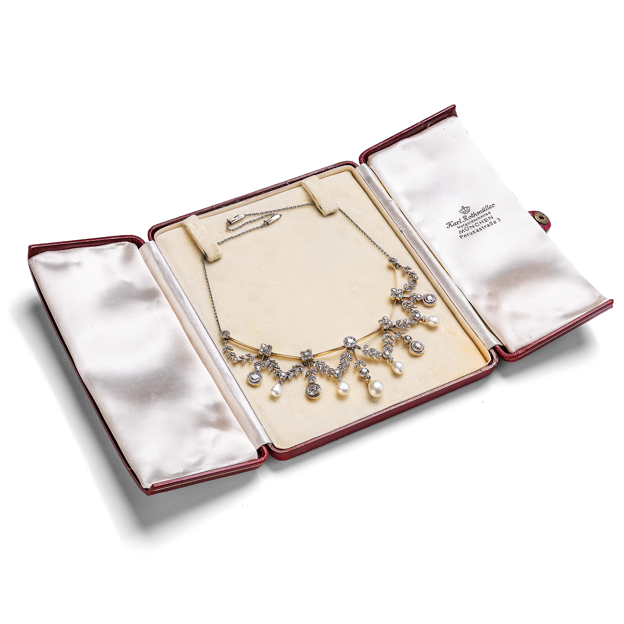 Elegantes Collier der Belle Époque mit Naturperlen & Diamanten, um 1910 Elegantes Collier der Belle Époque mit Naturperlen & Diamanten, um 1910