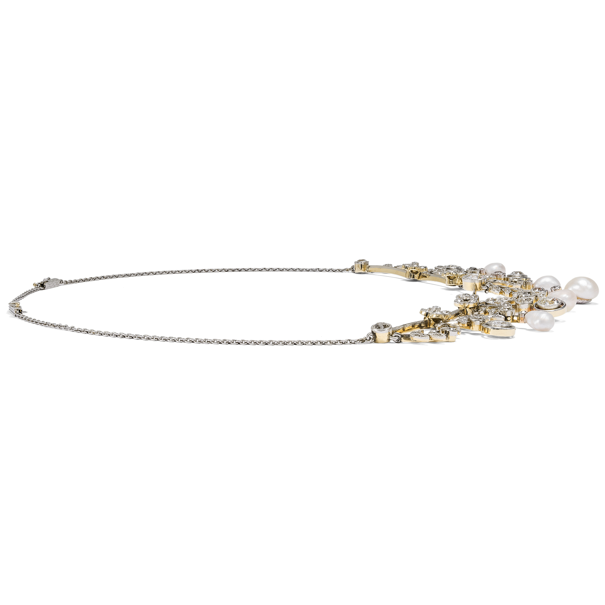Elegantes Collier der Belle Époque mit Naturperlen & Diamanten, um 1910 Elegantes Collier der Belle Époque mit Naturperlen & Diamanten, um 1910