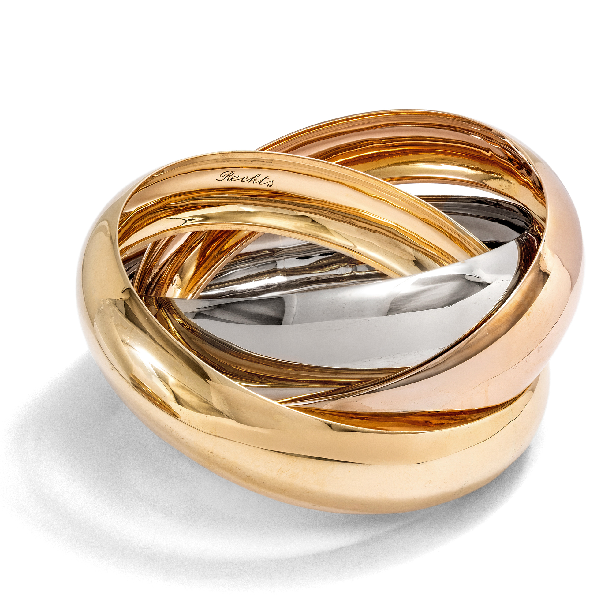Extrabreiter vintage „Trinity“-Armreif von Cartier aus dreifarbigem Gold, 1980er Jahre Extrabreiter vintage „Trinity“-Armreif von Cartier aus dreifarbigem Gold, 1980er Jahre