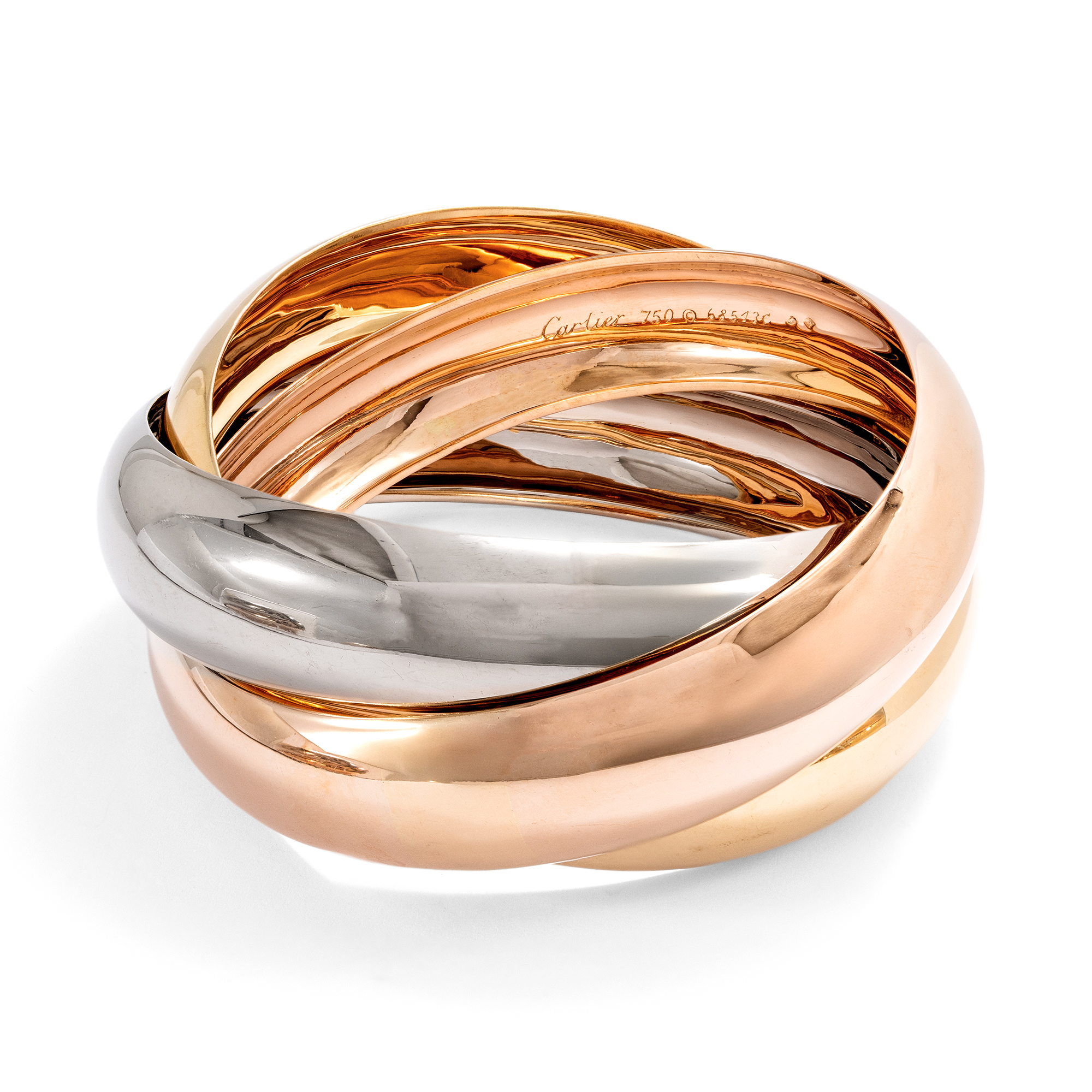 Extrabreiter vintage „Trinity“-Armreif von Cartier aus dreifarbigem Gold, 1980er Jahre Extrabreiter vintage „Trinity“-Armreif von Cartier aus dreifarbigem Gold, 1980er Jahre