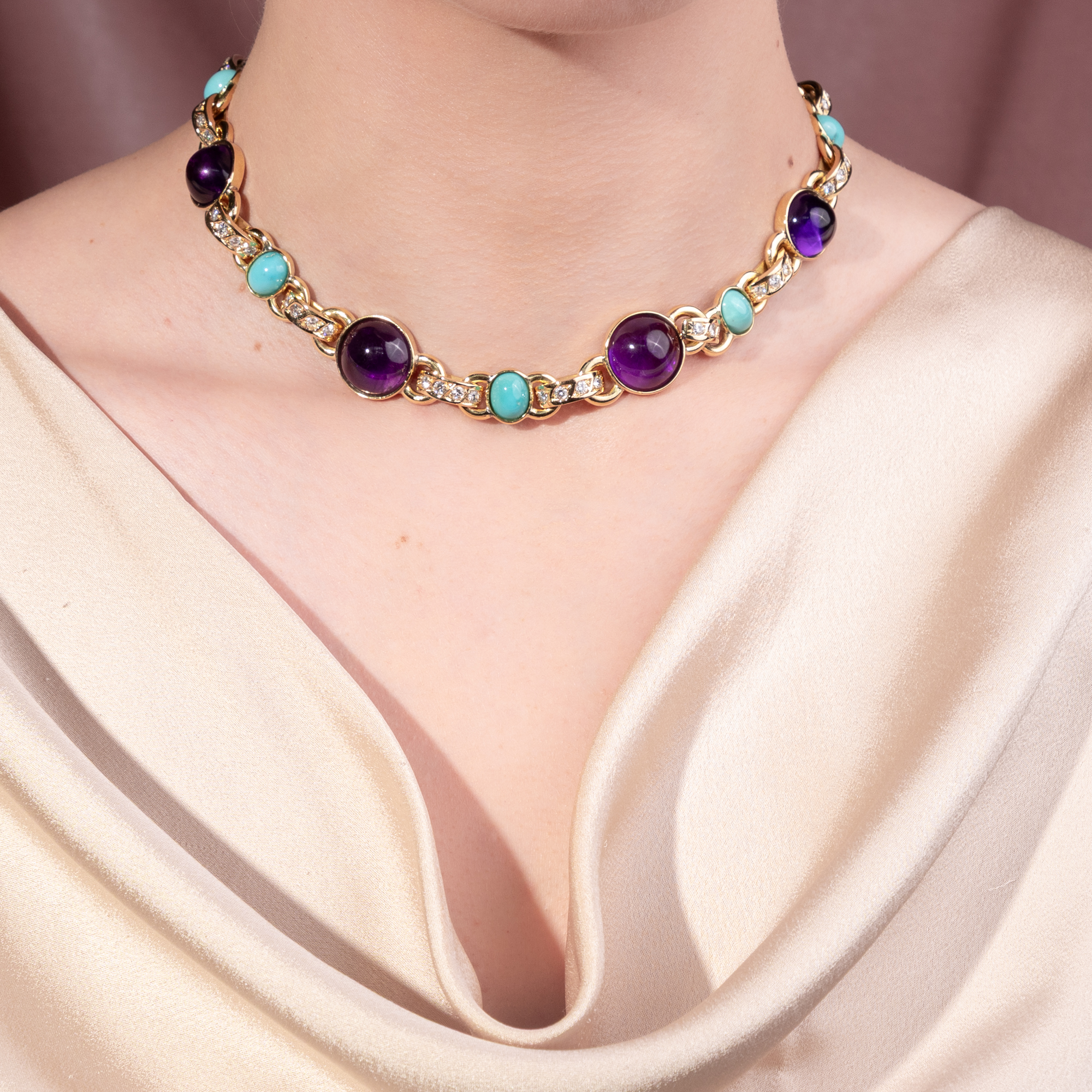 Prachtvolles Schmuckset mit Türkisen, Amethysten & Brillanten von Filippo Moroni, Rom um 1990 Prachtvolles Schmuckset mit Türkisen, Amethysten & Brillanten von Filippo Moroni, Rom um 1990