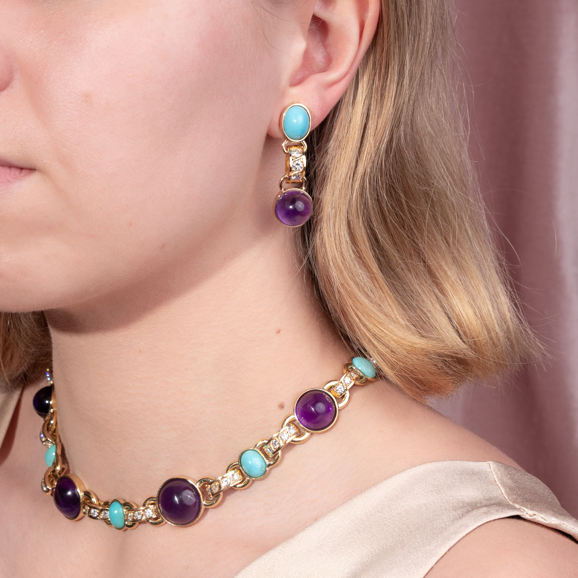 Prachtvolles Schmuckset mit Türkisen, Amethysten & Brillanten von Filippo Moroni, Rom um 1990 Prachtvolles Schmuckset mit Türkisen, Amethysten & Brillanten von Filippo Moroni, Rom um 1990
