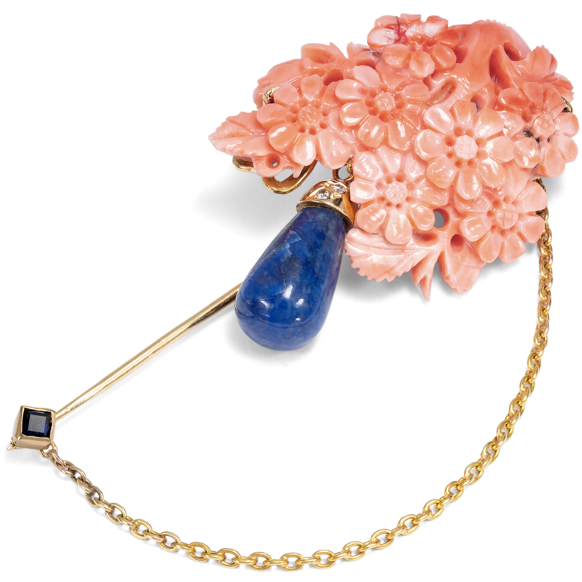 Ungewöhnliche Jabot-Nadel aus Gold, Koralle, Lapislazuli & Diamanten, um 1980 Ungewöhnliche Jabot-Nadel aus Gold, Koralle, Lapislazuli & Diamanten, um 1980