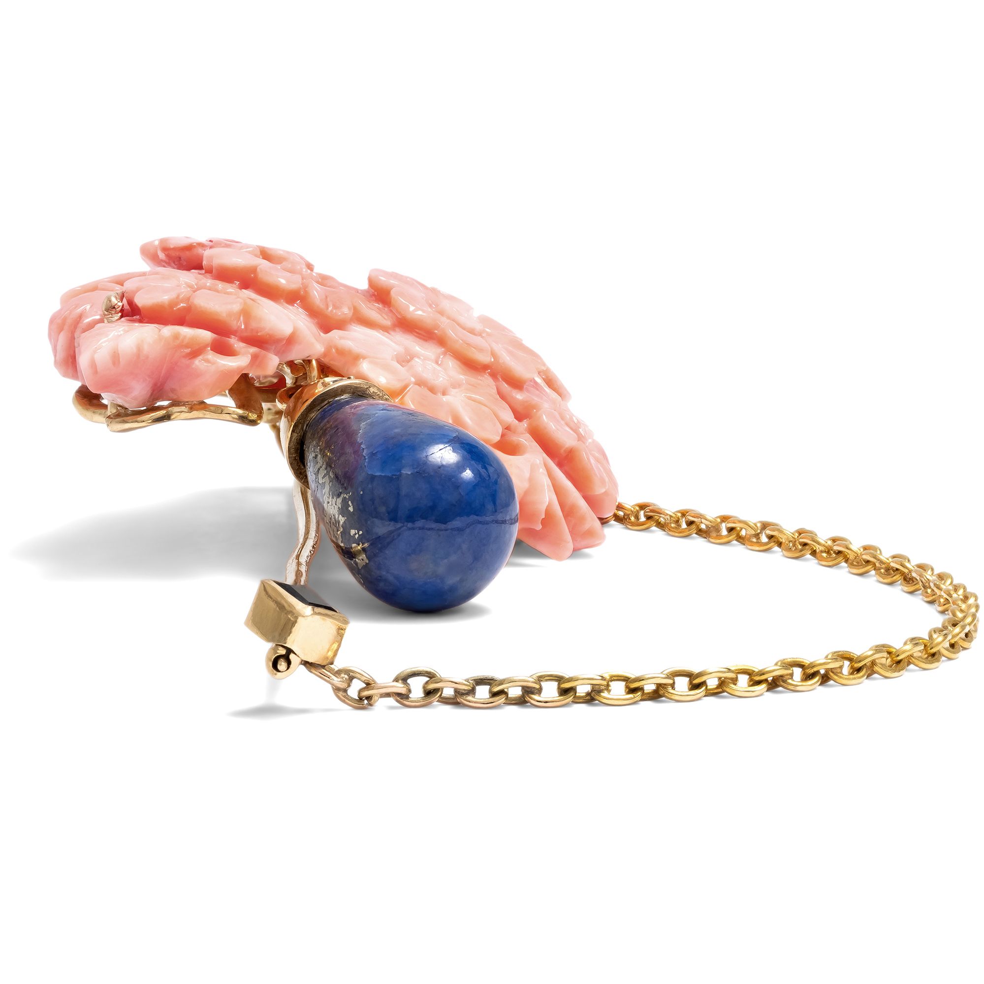Ungewöhnliche Jabot-Nadel aus Gold, Koralle, Lapislazuli & Diamanten, um 1980 Ungewöhnliche Jabot-Nadel aus Gold, Koralle, Lapislazuli & Diamanten, um 1980