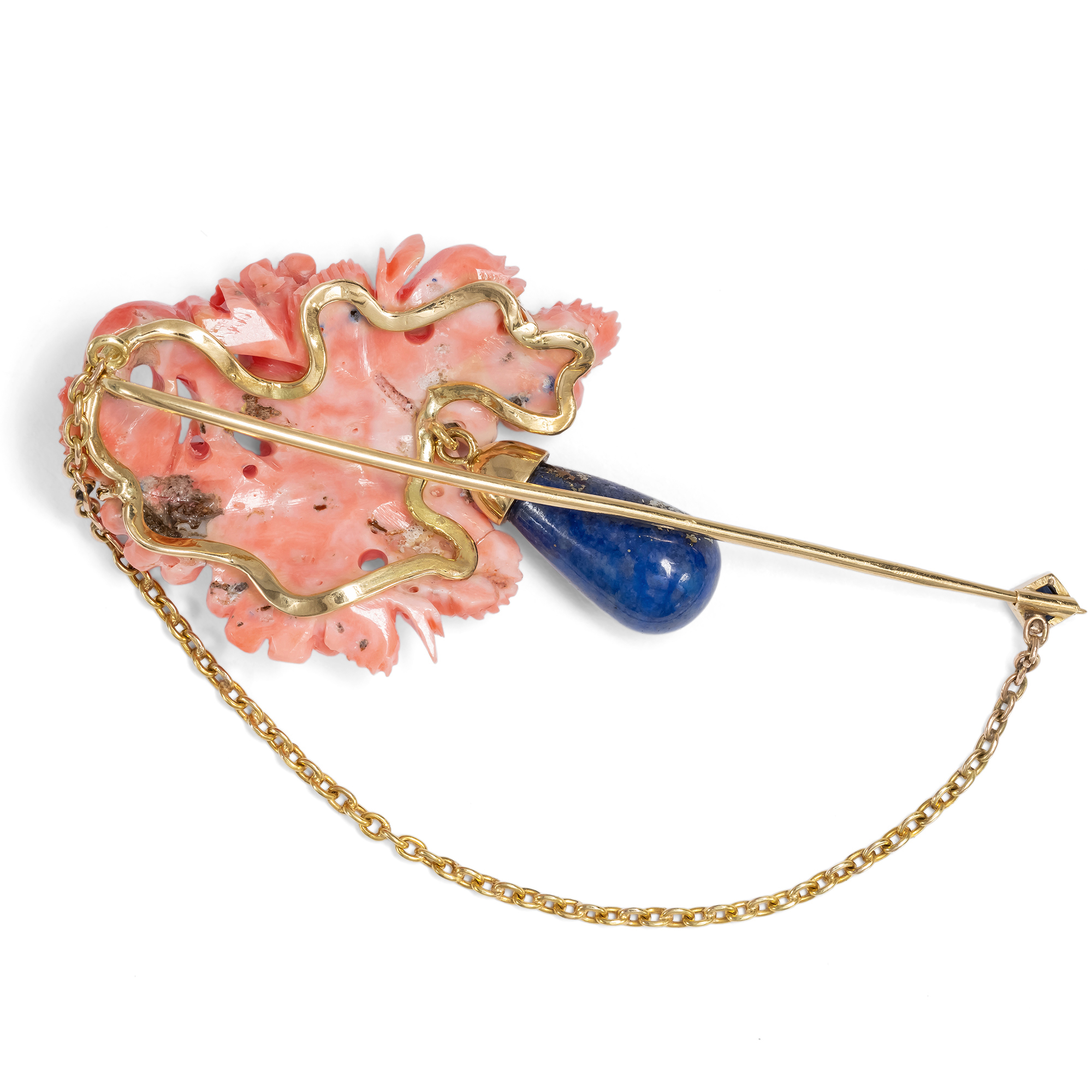 Ungewöhnliche Jabot-Nadel aus Gold, Koralle, Lapislazuli & Diamanten, um 1980 Ungewöhnliche Jabot-Nadel aus Gold, Koralle, Lapislazuli & Diamanten, um 1980