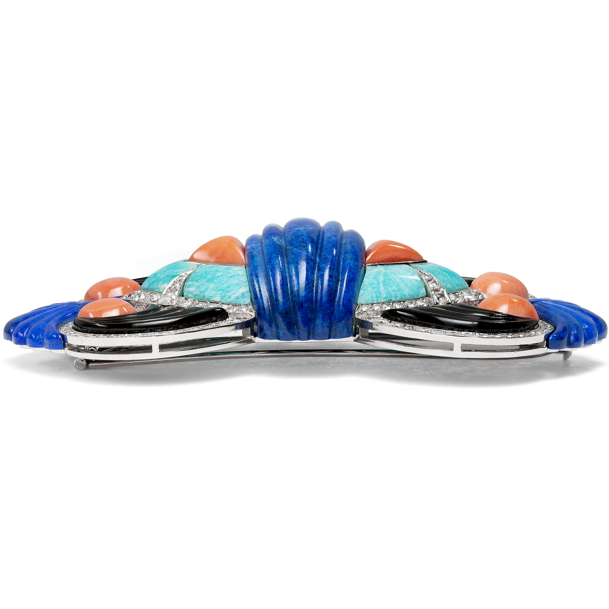 Large Diamond, Coral and Lapis Brooch after a Model by Boucheron, c. 1985 Large Diamond, Coral and Lapis Brooch after a Model by Boucheron, c. 1985