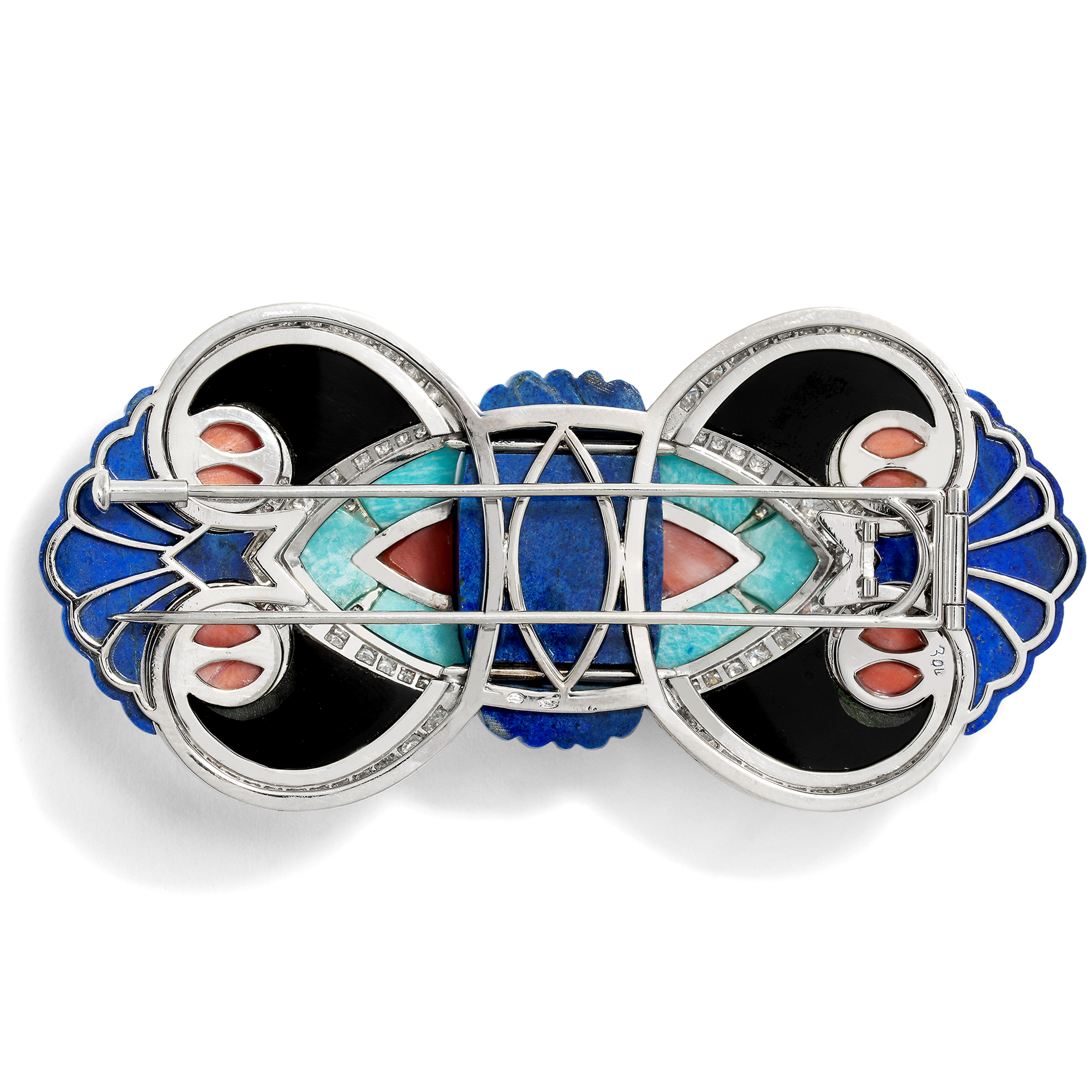 Large Diamond, Coral and Lapis Brooch after a Model by Boucheron, c. 1985 Large Diamond, Coral and Lapis Brooch after a Model by Boucheron, c. 1985