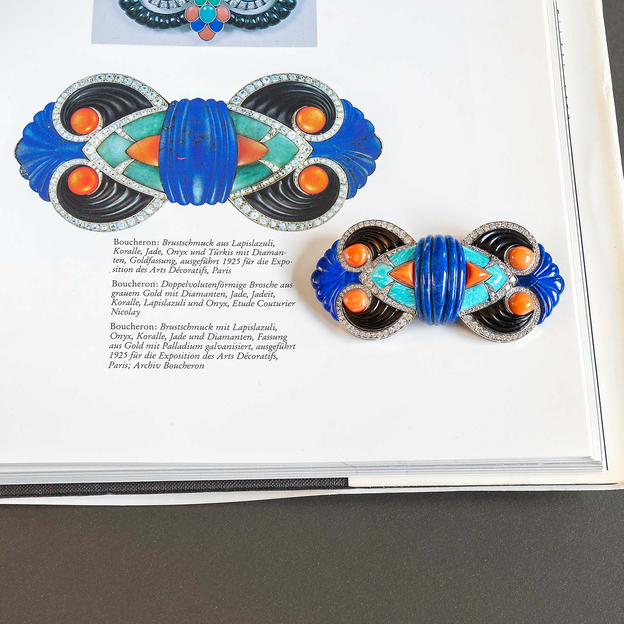 Large Diamond, Coral and Lapis Brooch after a Model by Boucheron, c. 1985 Large Diamond, Coral and Lapis Brooch after a Model by Boucheron, c. 1985