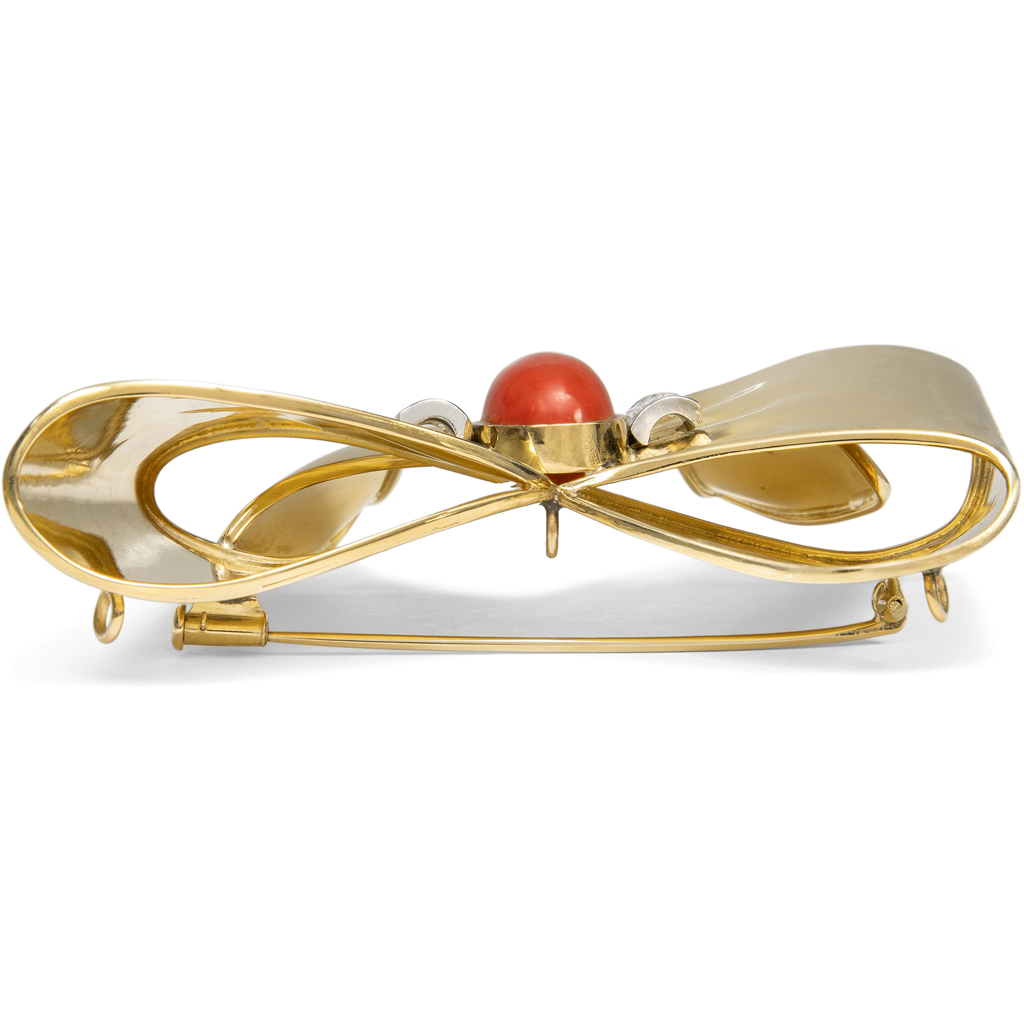 Extravagante Schleife aus Gold als Brosche & Anhänger mit Koralle & Diamanten, um 1985 Extravagante Schleife aus Gold als Brosche & Anhänger mit Koralle & Diamanten, um 1985
