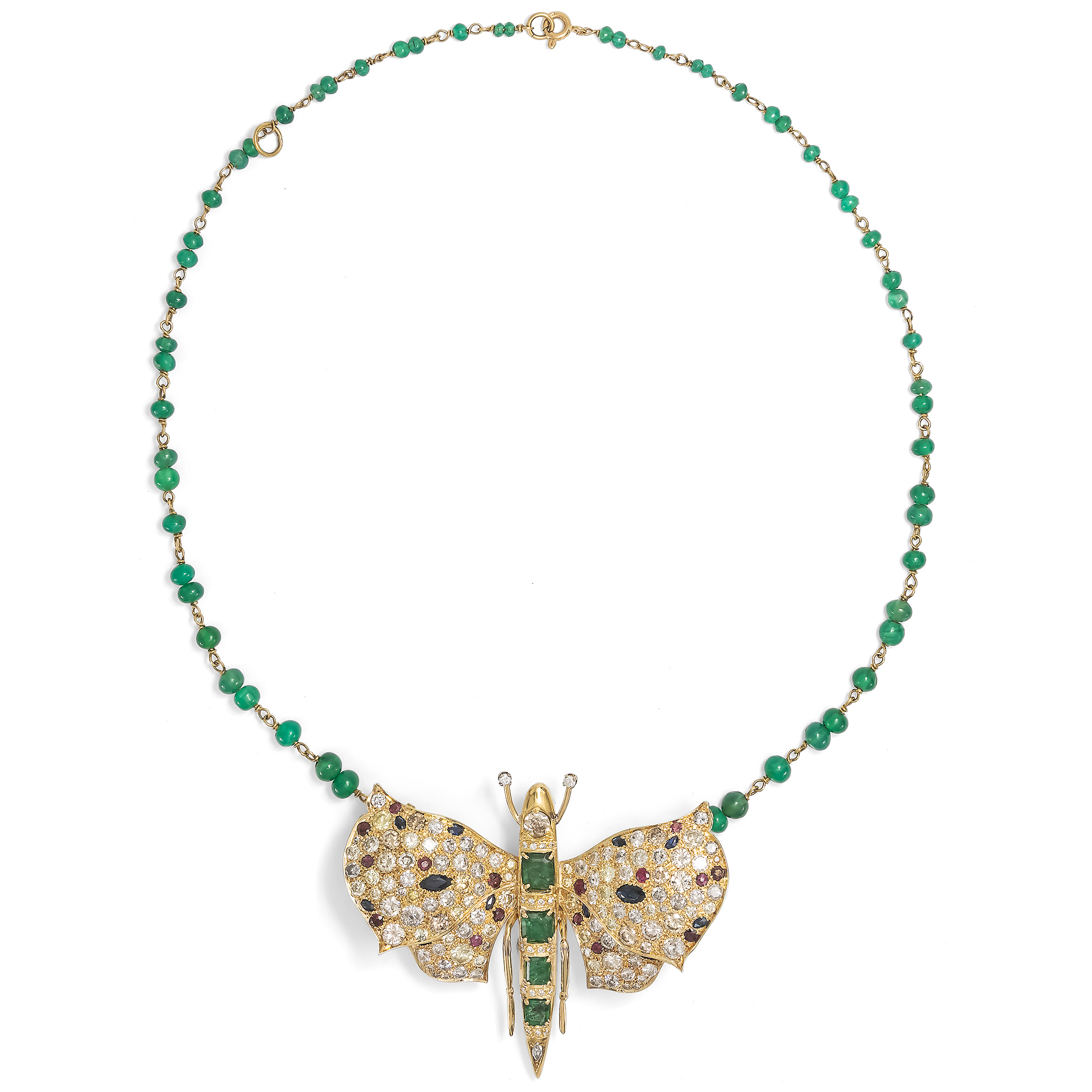 Großer Schmetterling mit Edelsteinen in Gold, als Brosche, Anhänger & Collier, um 1980 Großer Schmetterling mit Edelsteinen in Gold, als Brosche, Anhänger & Collier, um 1980