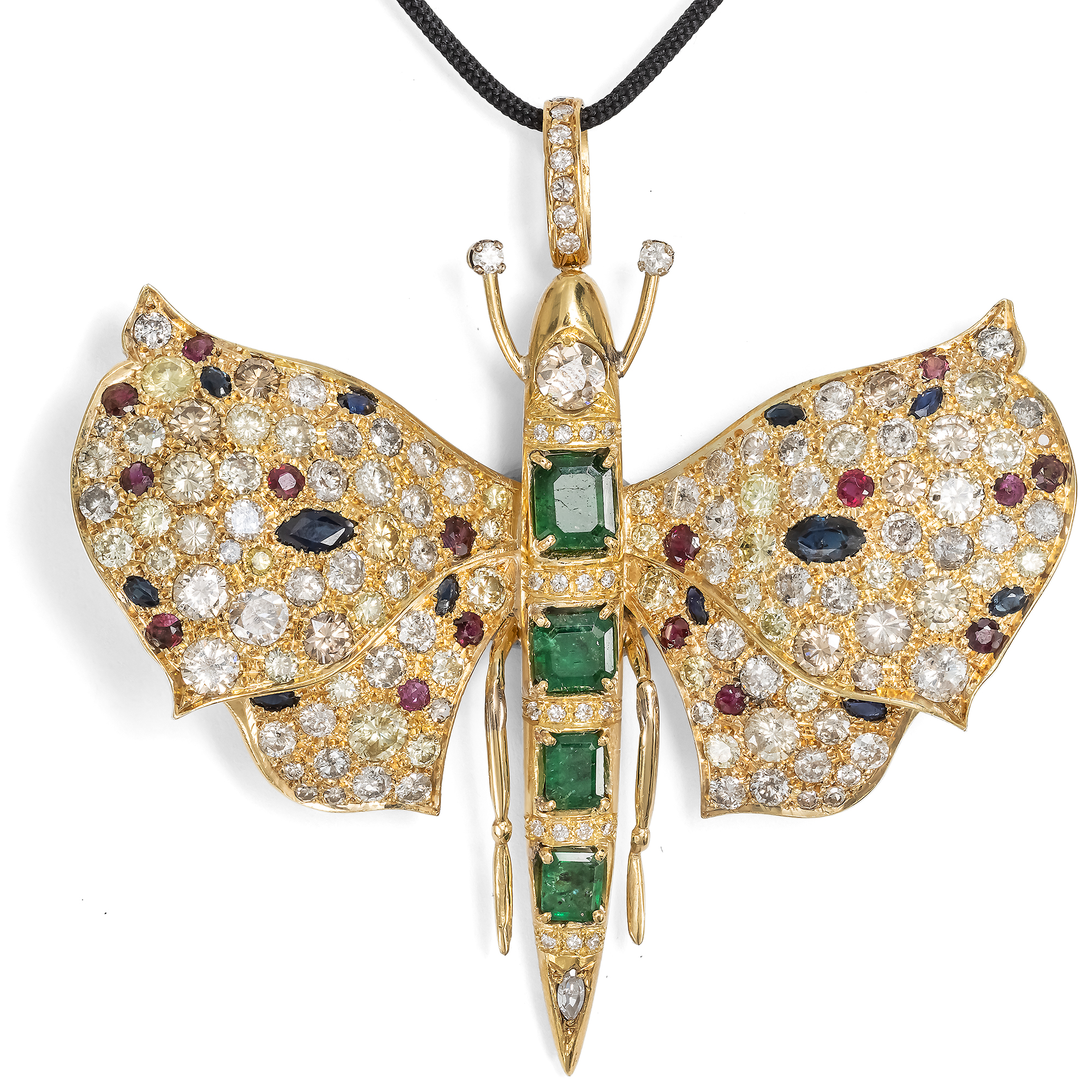 Großer Schmetterling mit Edelsteinen in Gold, als Brosche, Anhänger & Collier, um 1980 Großer Schmetterling mit Edelsteinen in Gold, als Brosche, Anhänger & Collier, um 1980