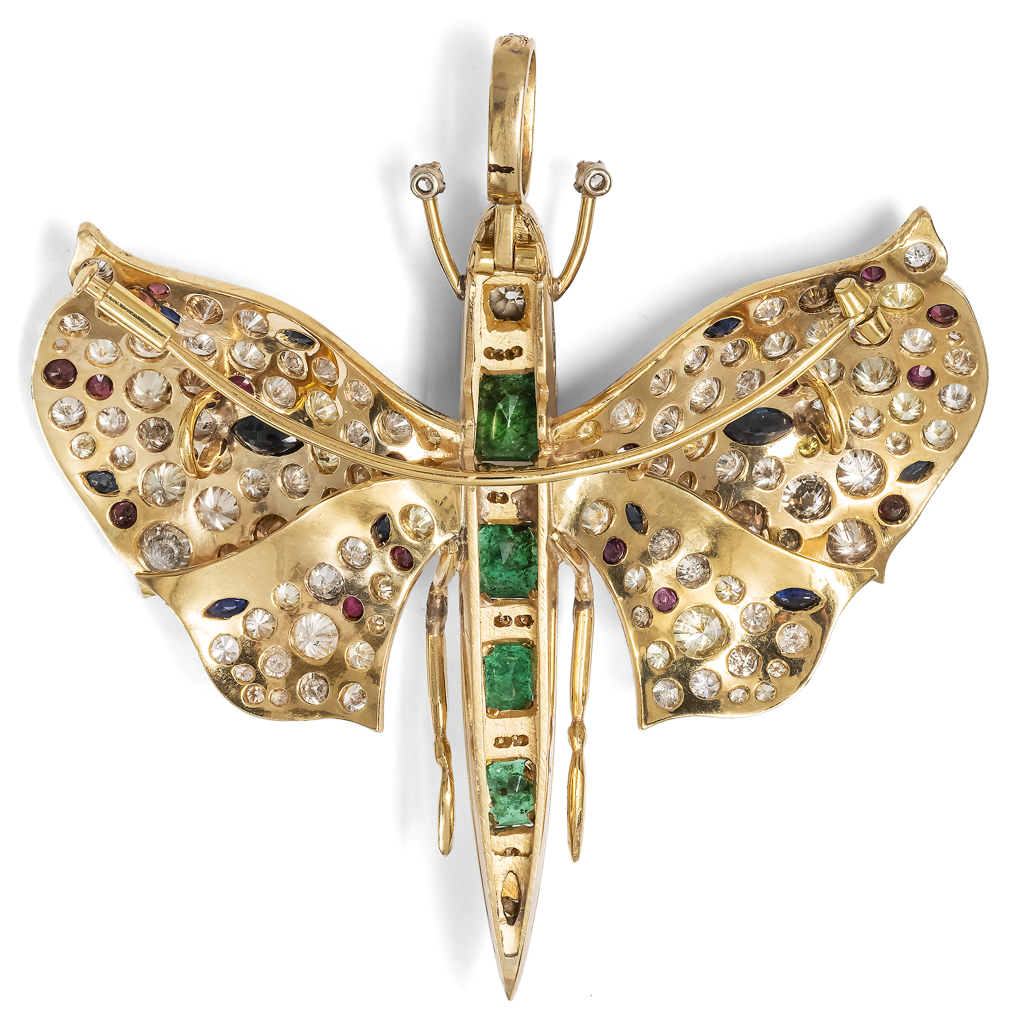 Großer Schmetterling mit Edelsteinen in Gold, als Brosche, Anhänger & Collier, um 1980 Großer Schmetterling mit Edelsteinen in Gold, als Brosche, Anhänger & Collier, um 1980