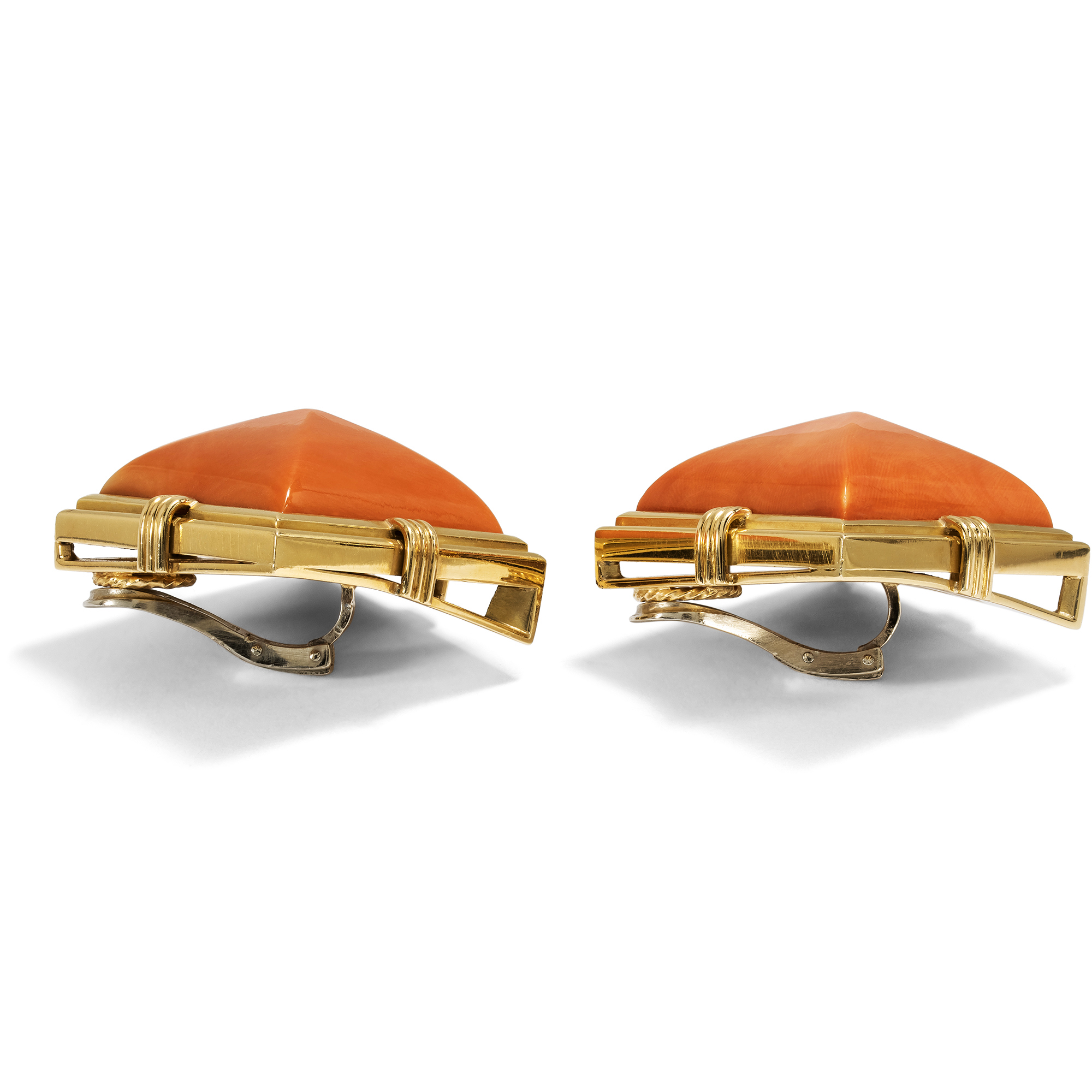 Fabulous Clip Earrings with very Large Pacific Corals in Gold, Circa 1985 Fabulous Clip Earrings with very Large Pacific Corals in Gold, Circa 1985