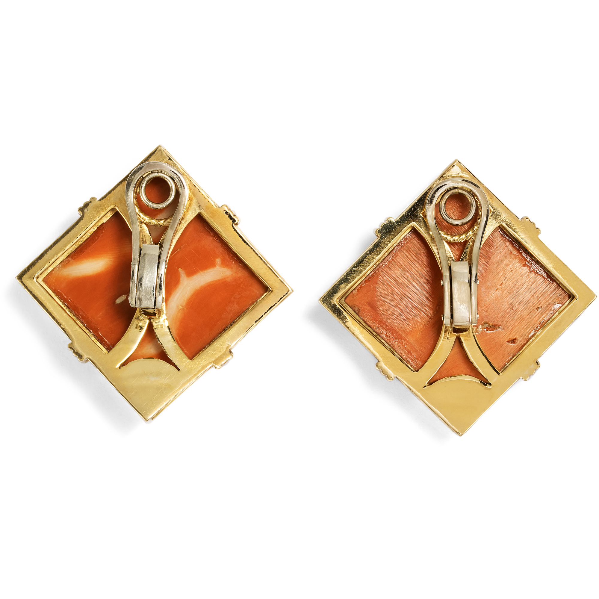 Fabulous Clip Earrings with very Large Pacific Corals in Gold, Circa 1985 Fabulous Clip Earrings with very Large Pacific Corals in Gold, Circa 1985