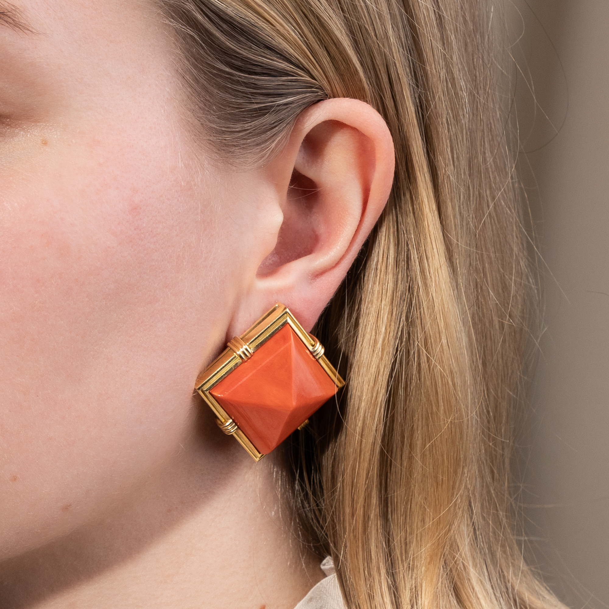 Fabulous Clip Earrings with very Large Pacific Corals in Gold, Circa 1985 Fabulous Clip Earrings with very Large Pacific Corals in Gold, Circa 1985