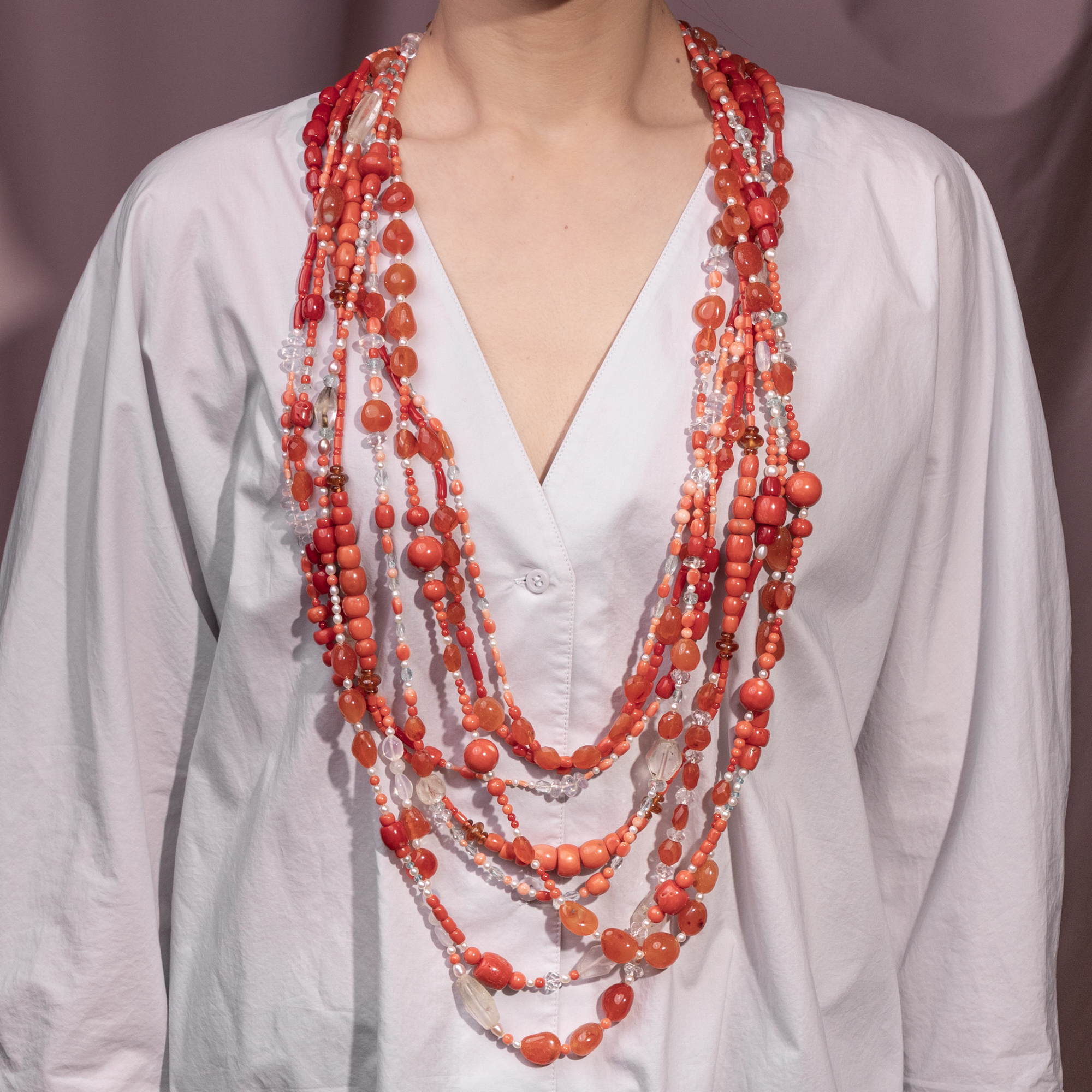 Large, Eight-Row Necklace Made of Coral, Pearls, and Gemstones, Salzburg, c. 2000 Large, Eight-Row Necklace Made of Coral, Pearls, and Gemstones, Salzburg, c. 2000
