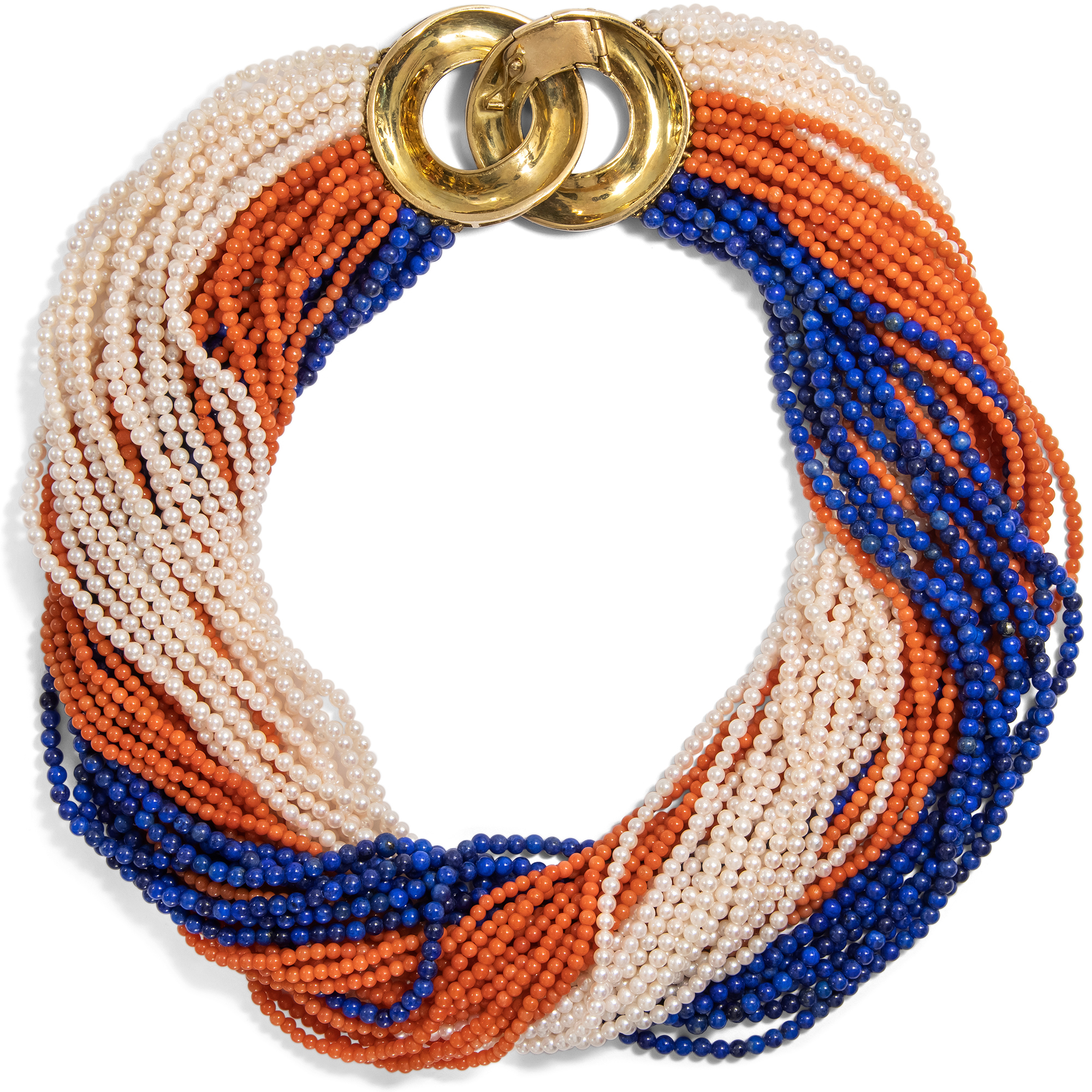 Eindrucksvolle Torsade aus Koralle, Lapislazuli & Akoyaperlen mit emaillierter Goldschließe, um 1985