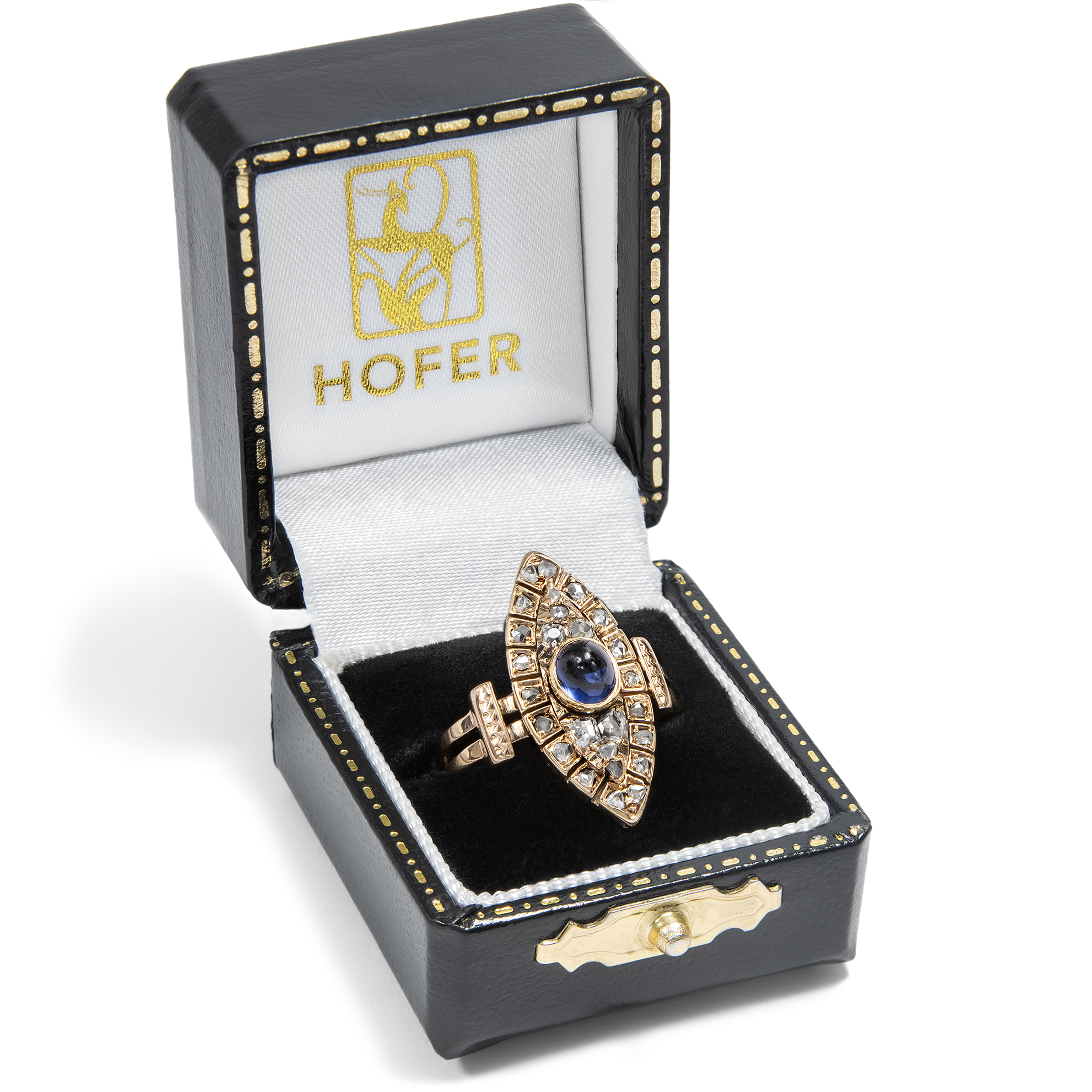 Antiker Marquise-Ring mit Saphir und Diamanten in Rotgold, um 1890 & später Antiker Marquise-Ring mit Saphir und Diamanten in Rotgold, um 1890 & später