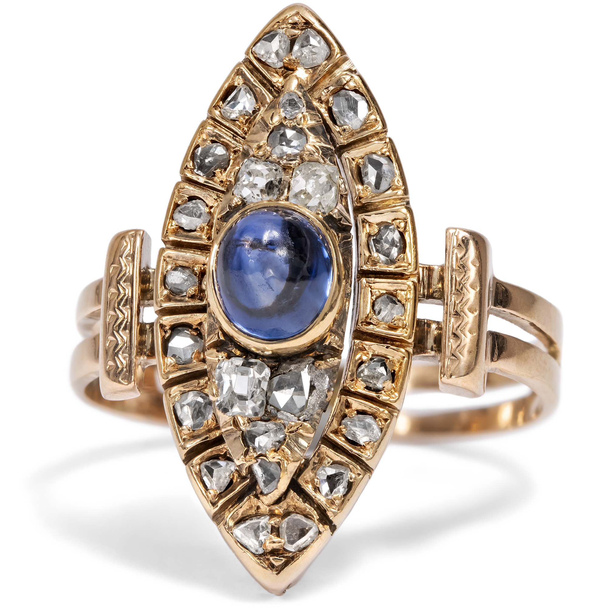 Antiker Marquise-Ring mit Saphir und Diamanten in Rotgold, um 1890 & später Antiker Marquise-Ring mit Saphir und Diamanten in Rotgold, um 1890 & später
