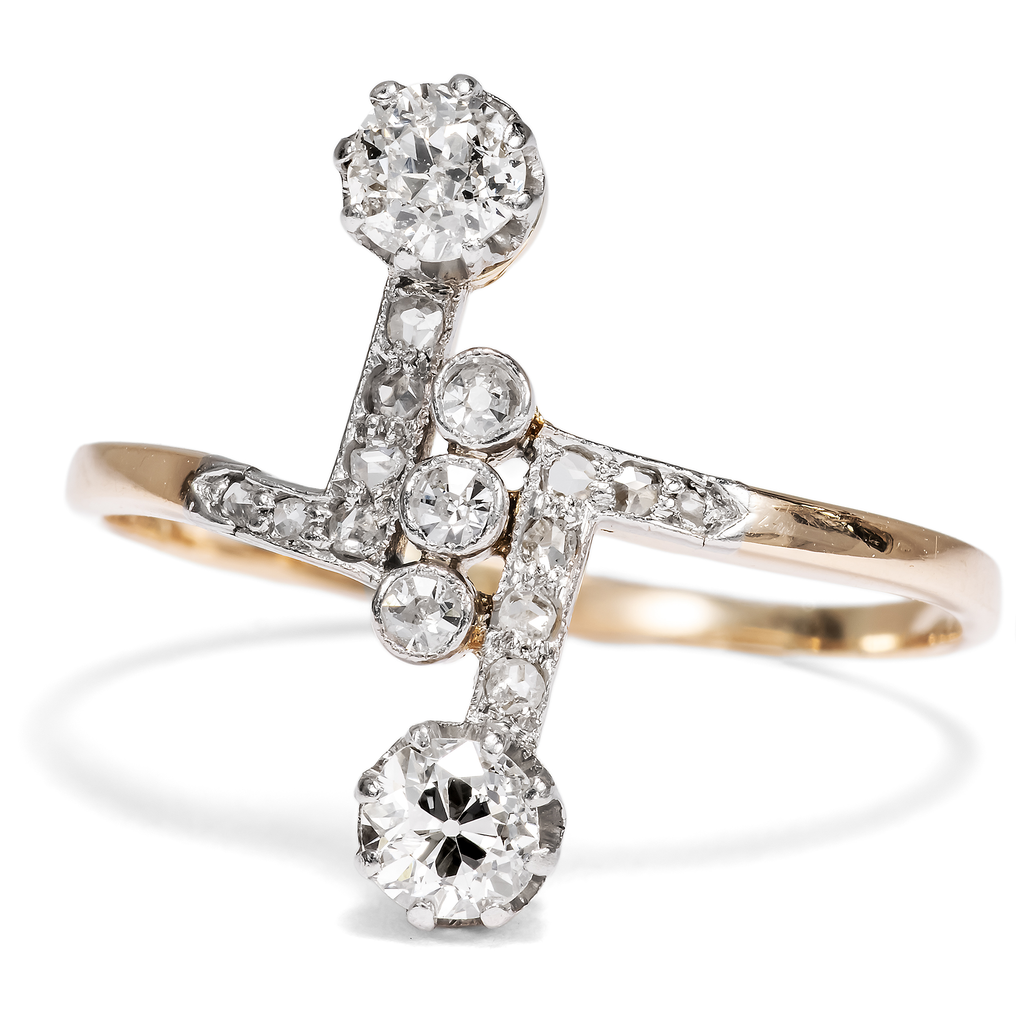 Romantischer „Toi-et-Moi“-Ring mit Diamanten in Gold & Platin, Deutschand um 1910 Romantischer „Toi-et-Moi“-Ring mit Diamanten in Gold & Platin, Deutschand um 1910