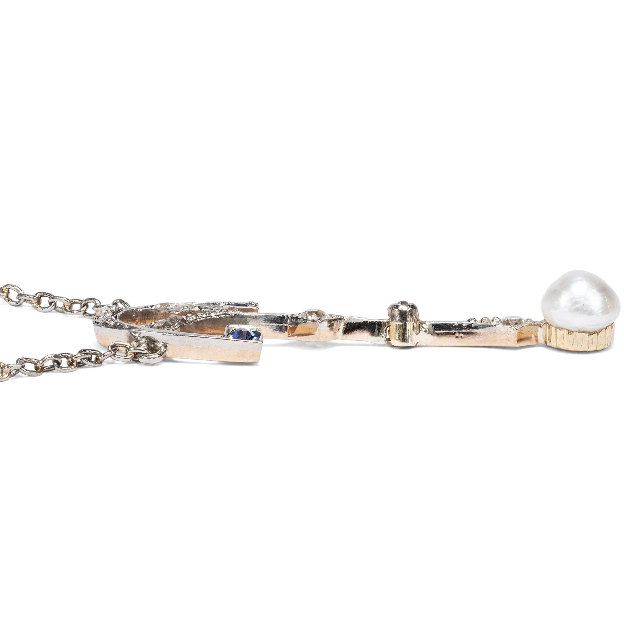 Zartes Collier mit Naturperle, Diamanten & Saphiren, um 1910 Zartes Collier mit Naturperle, Diamanten & Saphiren, um 1910