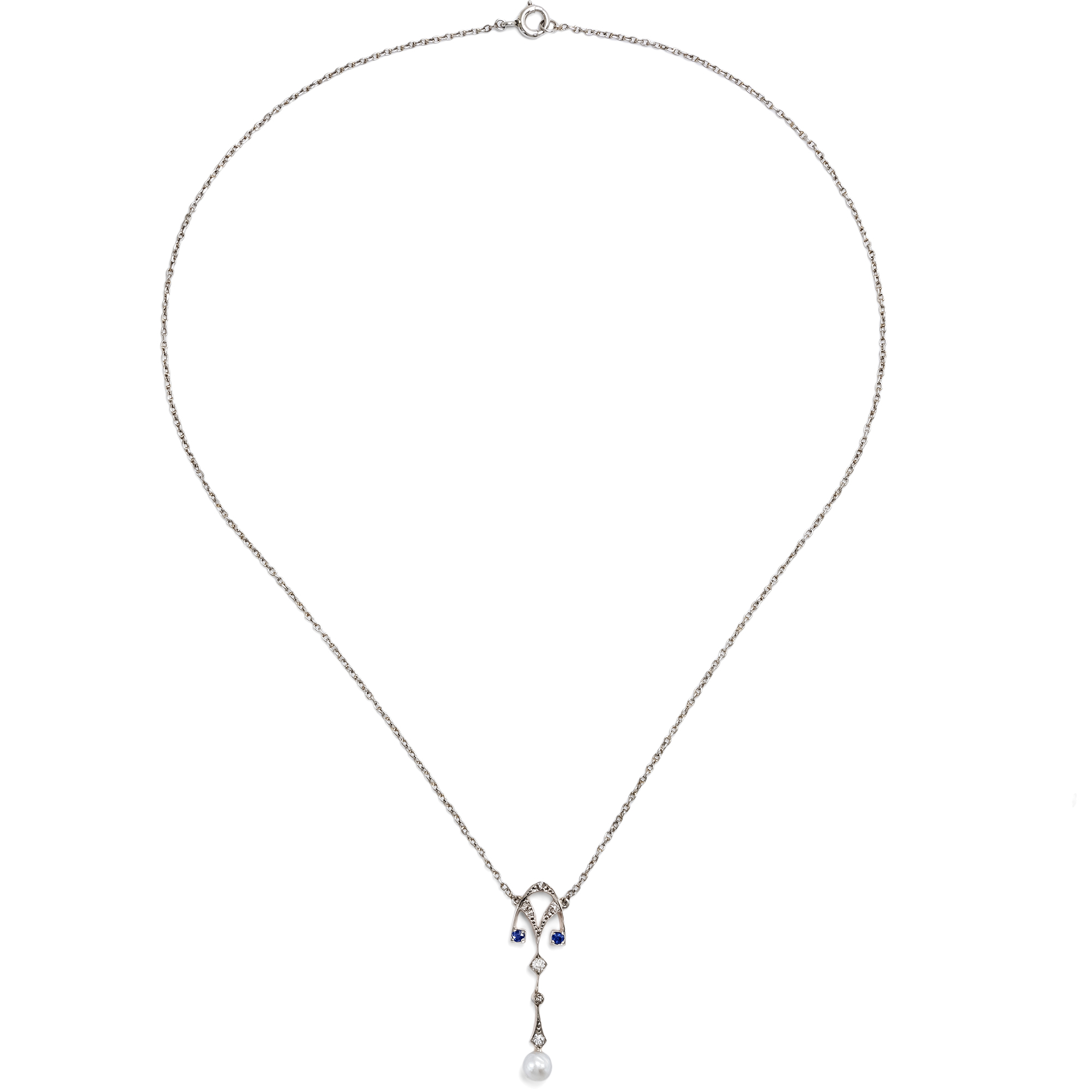 Zartes Collier mit Naturperle, Diamanten & Saphiren, um 1910 Zartes Collier mit Naturperle, Diamanten & Saphiren, um 1910