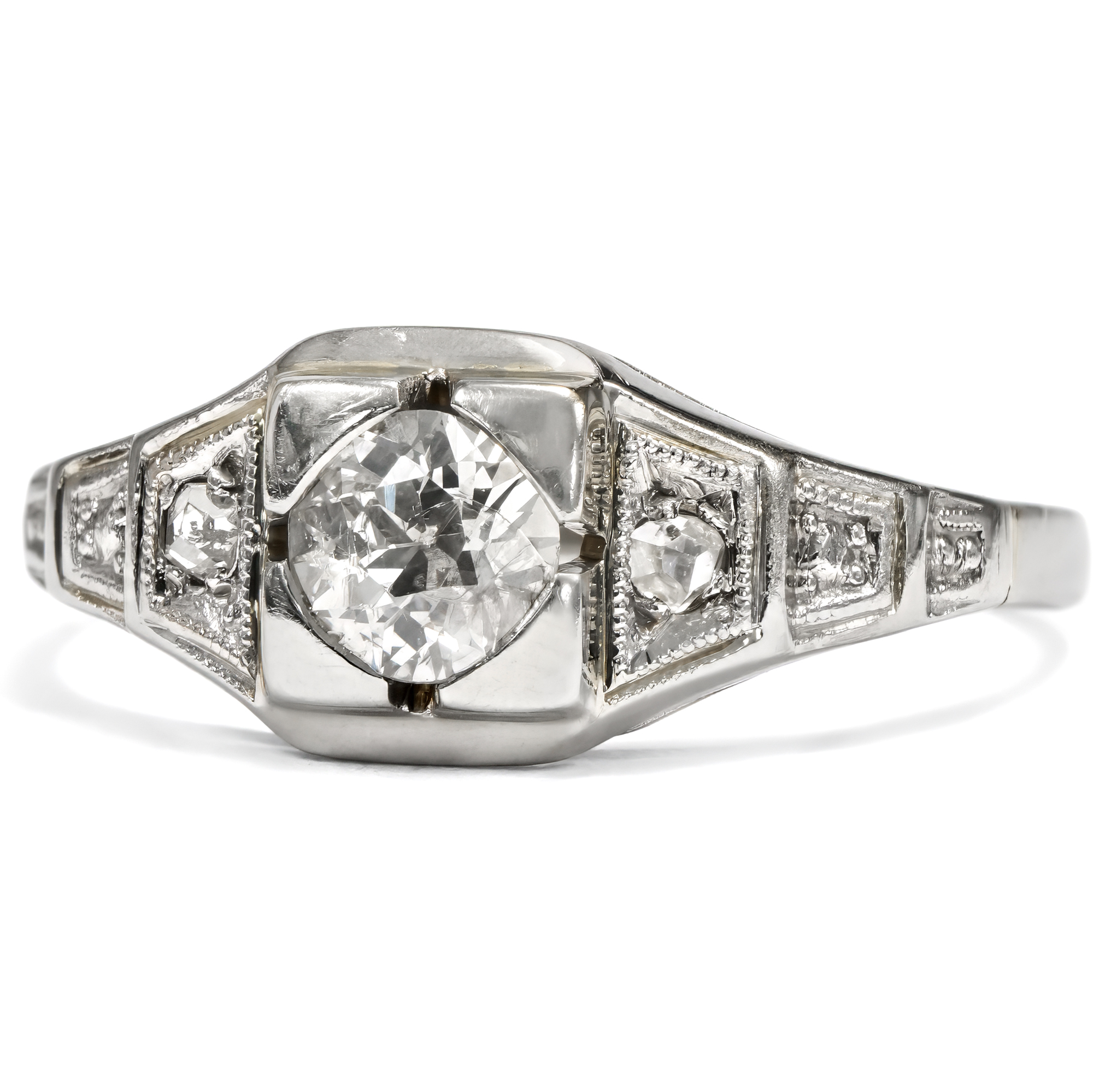 Eleganter Ring des Art Déco mit Diamant-Solitär in Weißgold, um 1930 Eleganter Ring des Art Déco mit Diamant-Solitär in Weißgold, um 1930